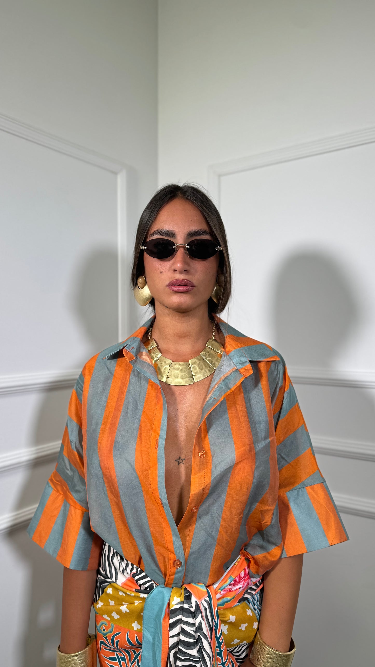 Camicia Crop semivelata a righe Panorama arancio/turchese 4099