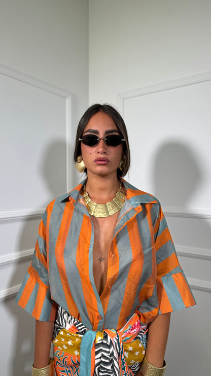 Camicia Crop semivelata a righe Panorama arancio/turchese 4099