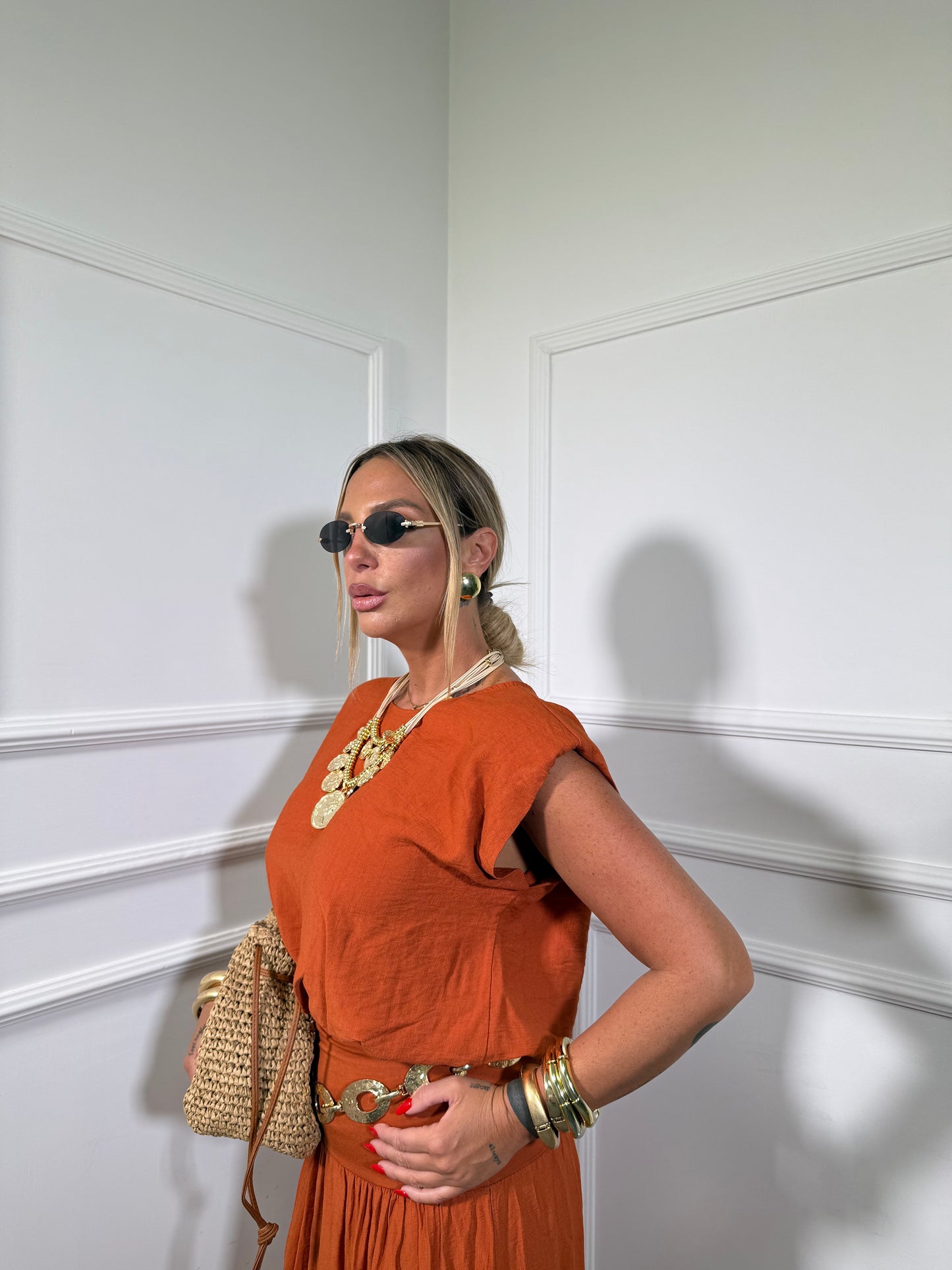 Coordinato misto lino con gonna Havana arancio 26152