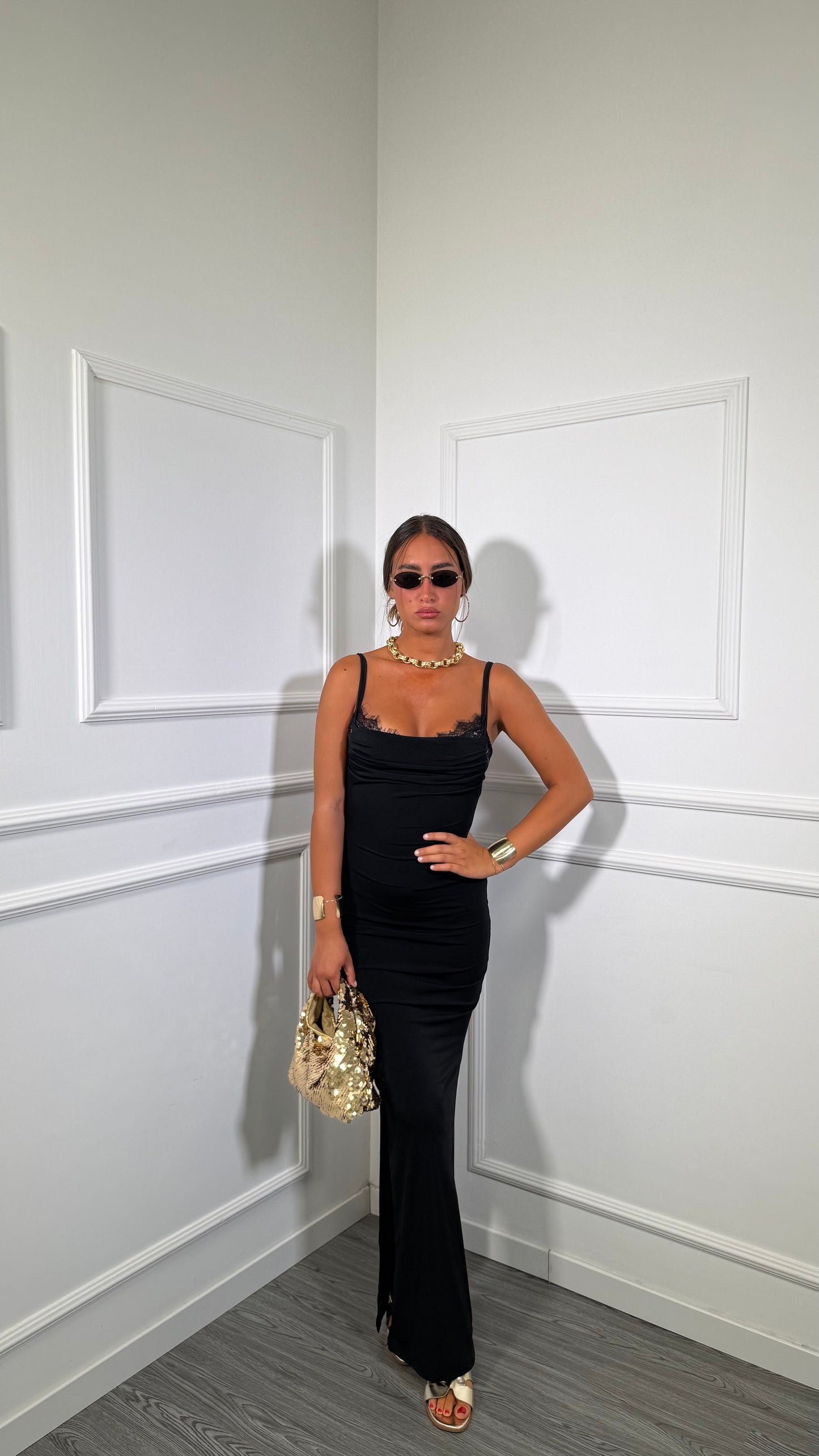 Abito lungo in lycra con bralette in pizzo nero 6073