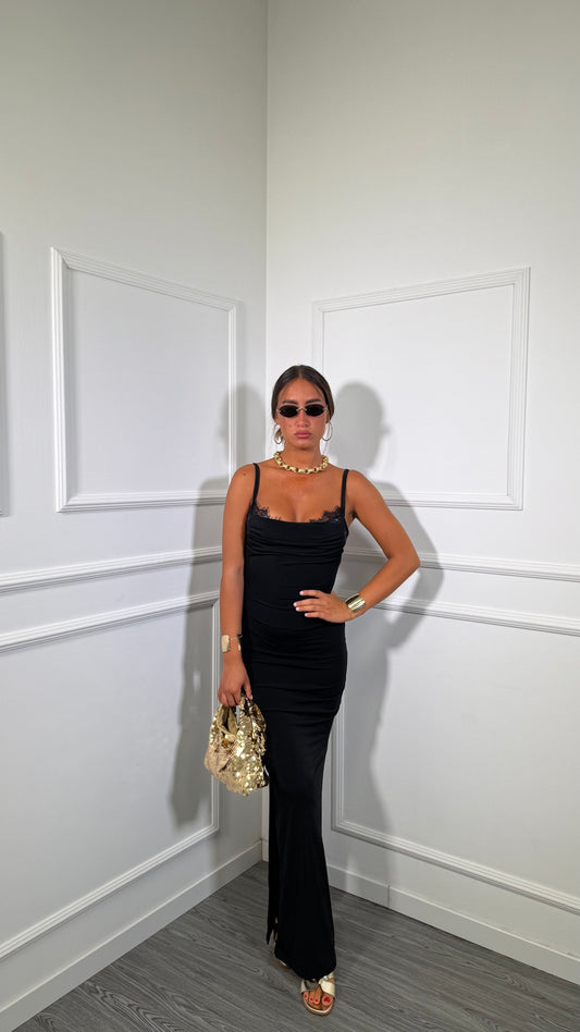 Abito lungo in lycra con bralette in pizzo nero 6073