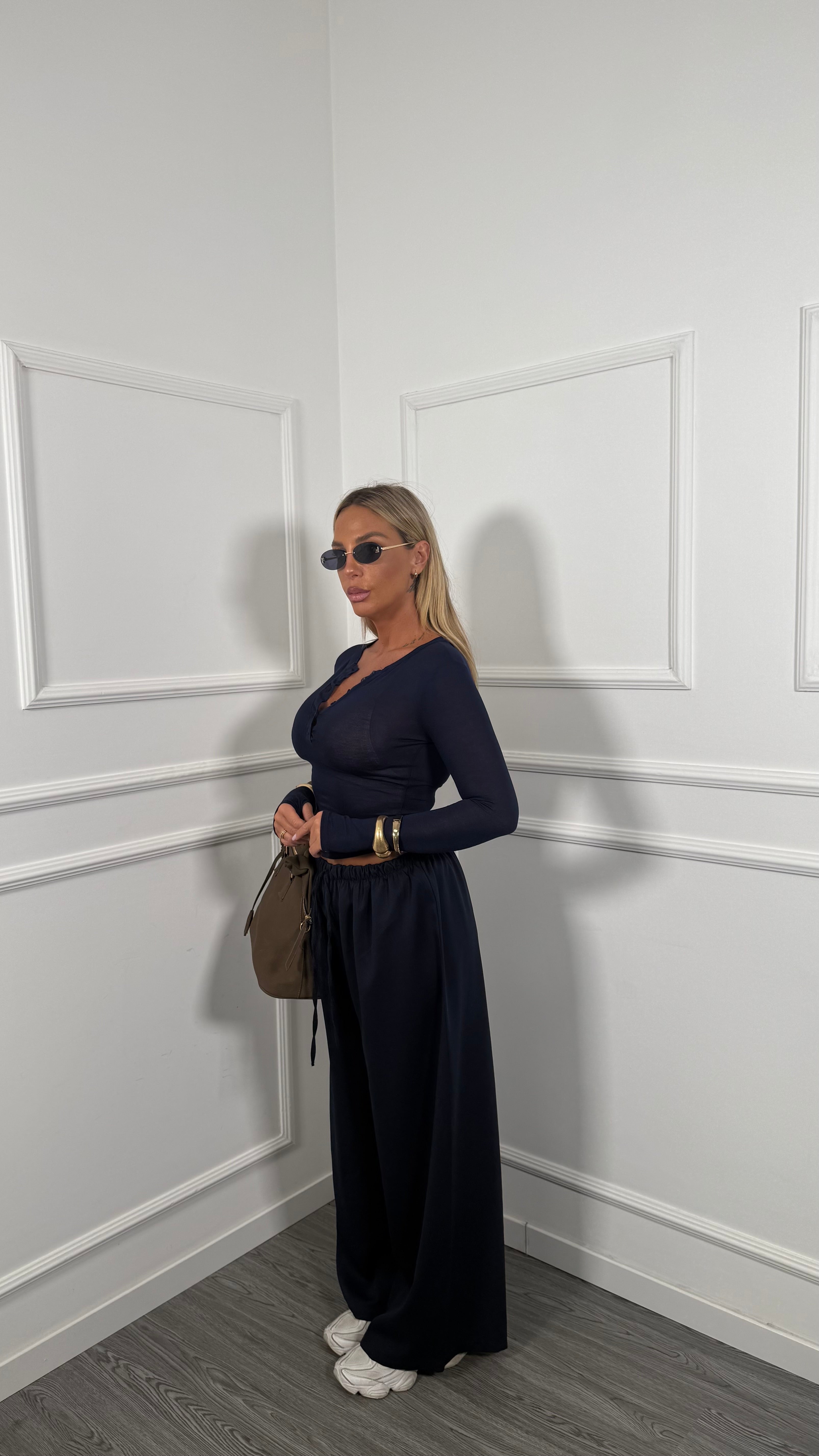 Coordinato september blu Shirt bottoncini + pantalone palazzo 22829