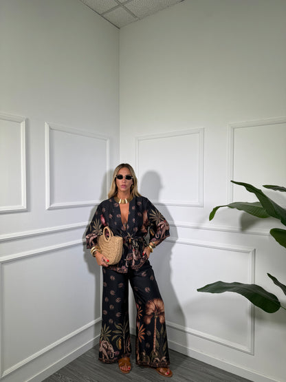 Coordinato in satin con kimono India nero