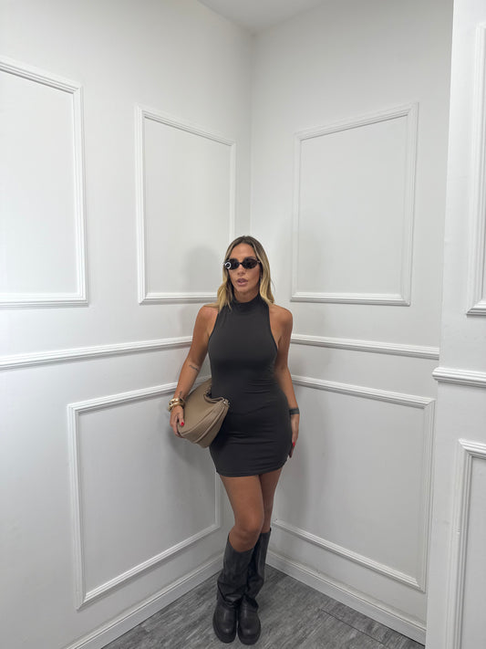 Abito in lycra collo alto scollo americano cioccolato