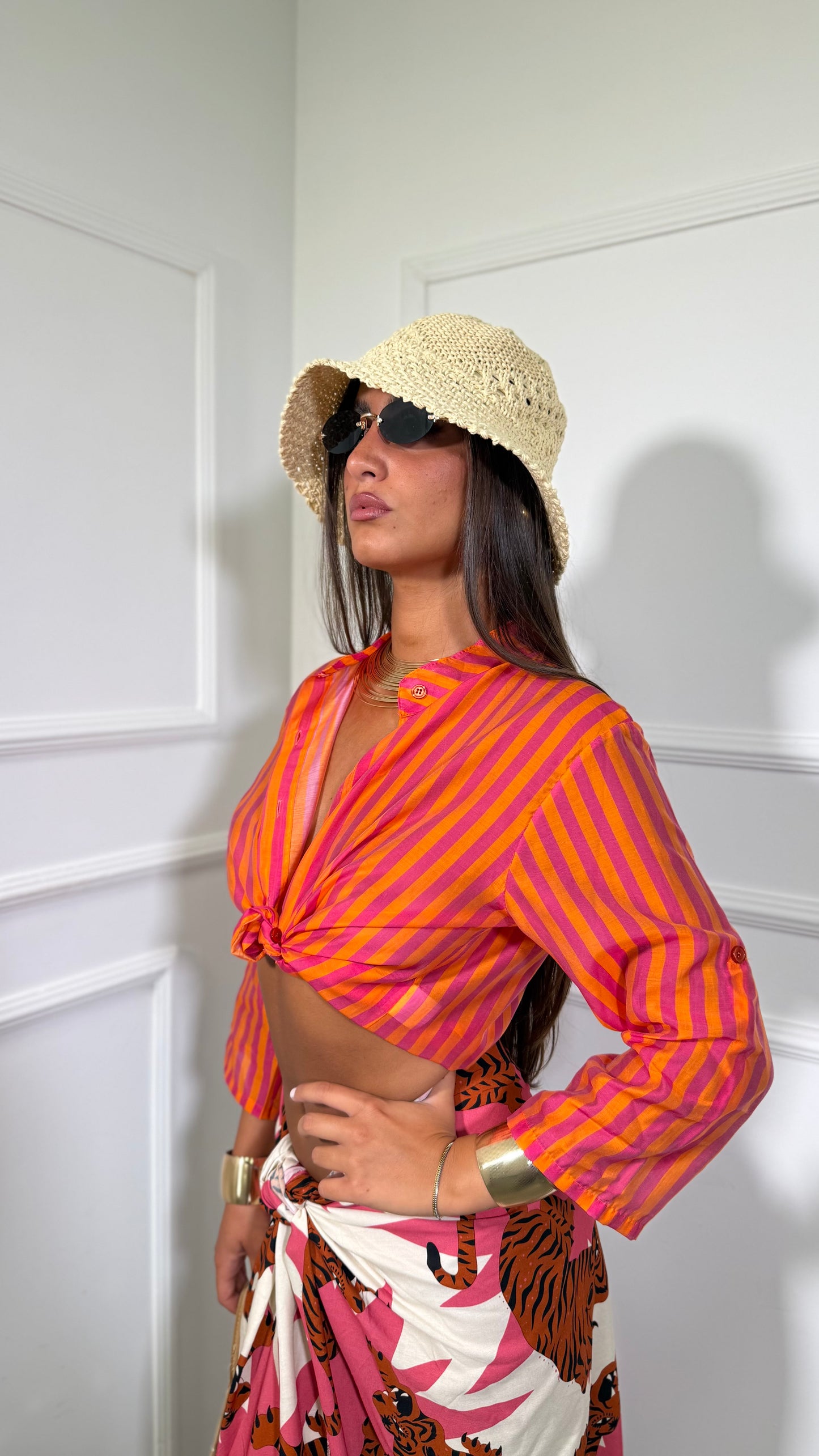 Camicia a righe semi velata collo coreana Iconic fucsia/arancio 20392