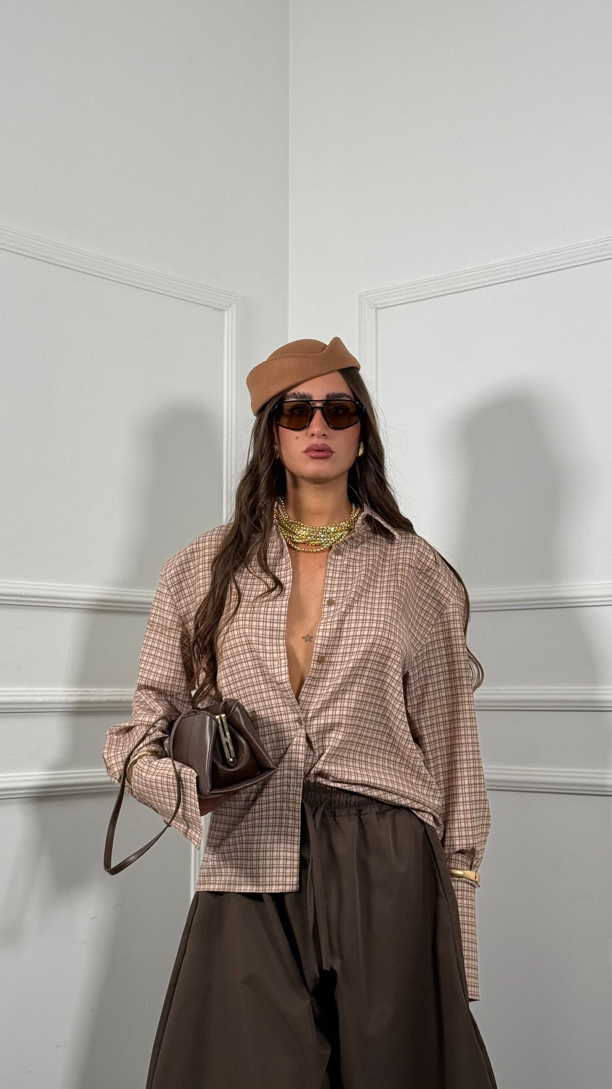 Camicia a quadretti con spalline Ives camel 55061
