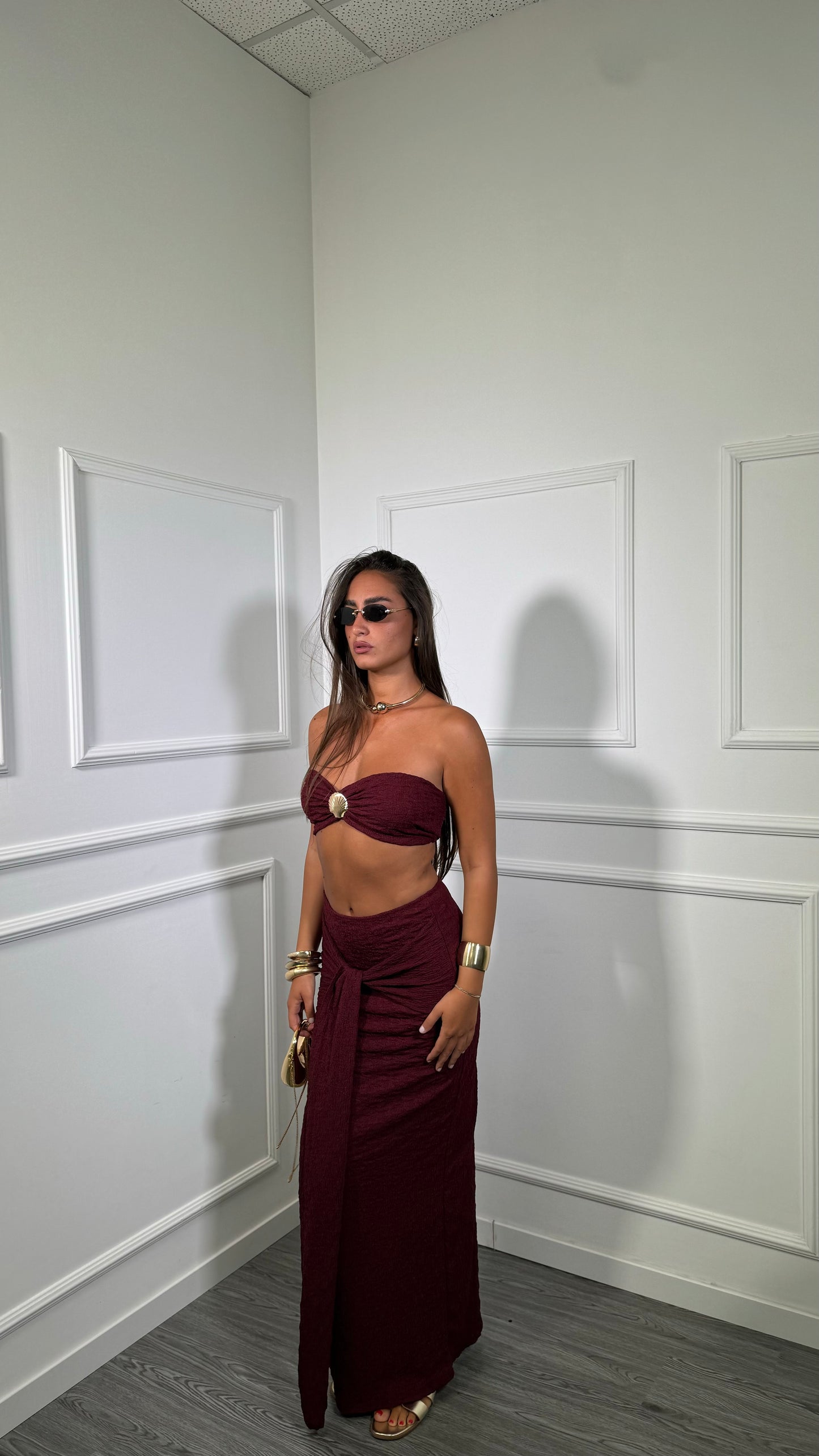 Coordinato nido d’ape con conchiglia Soledad bordeaux 54810