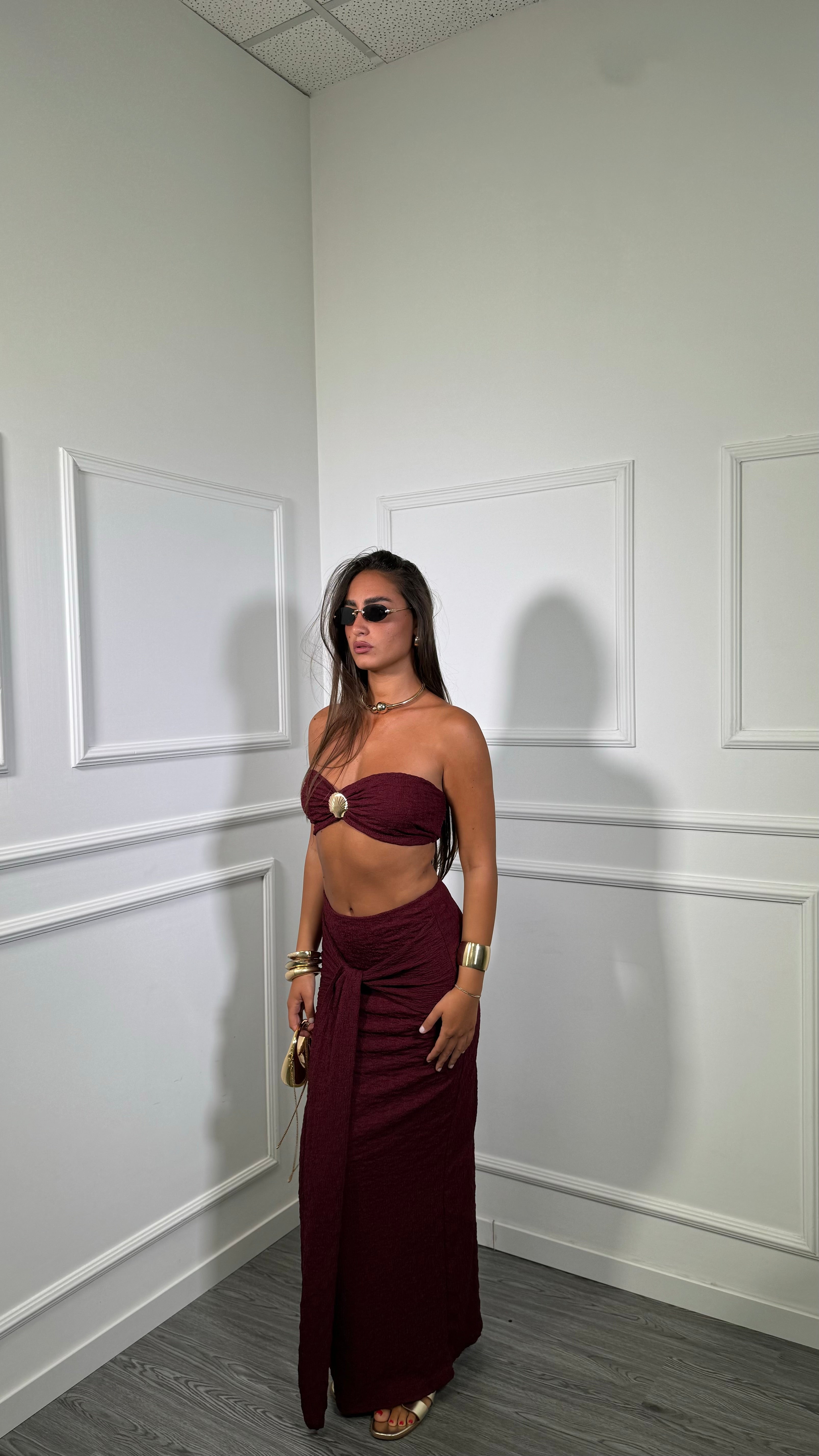 Coordinato nido d’ape con conchiglia Soledad bordeaux 54810
