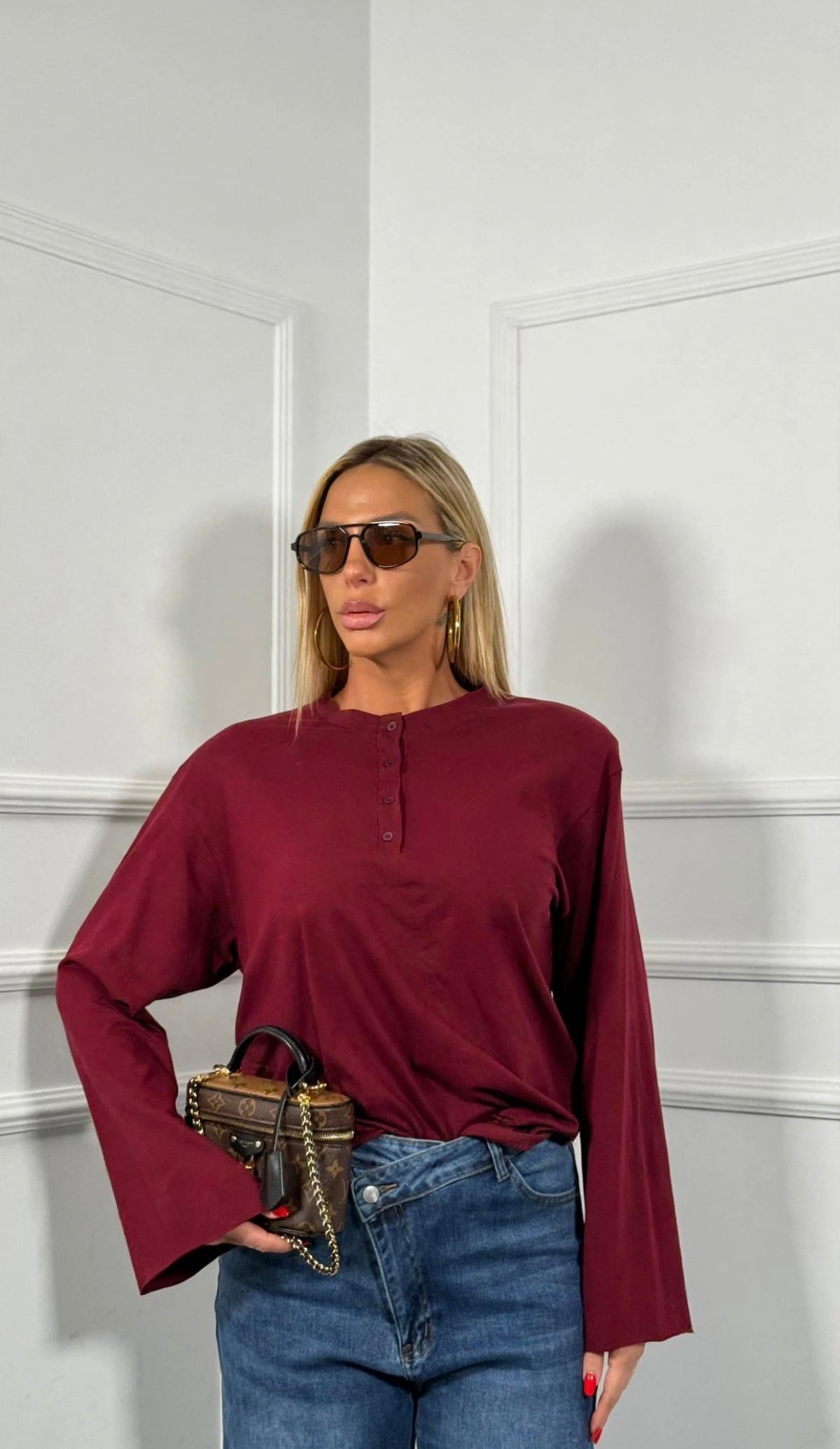 Shirt bottoncini e spalline con manica svasata bordeaux 22874