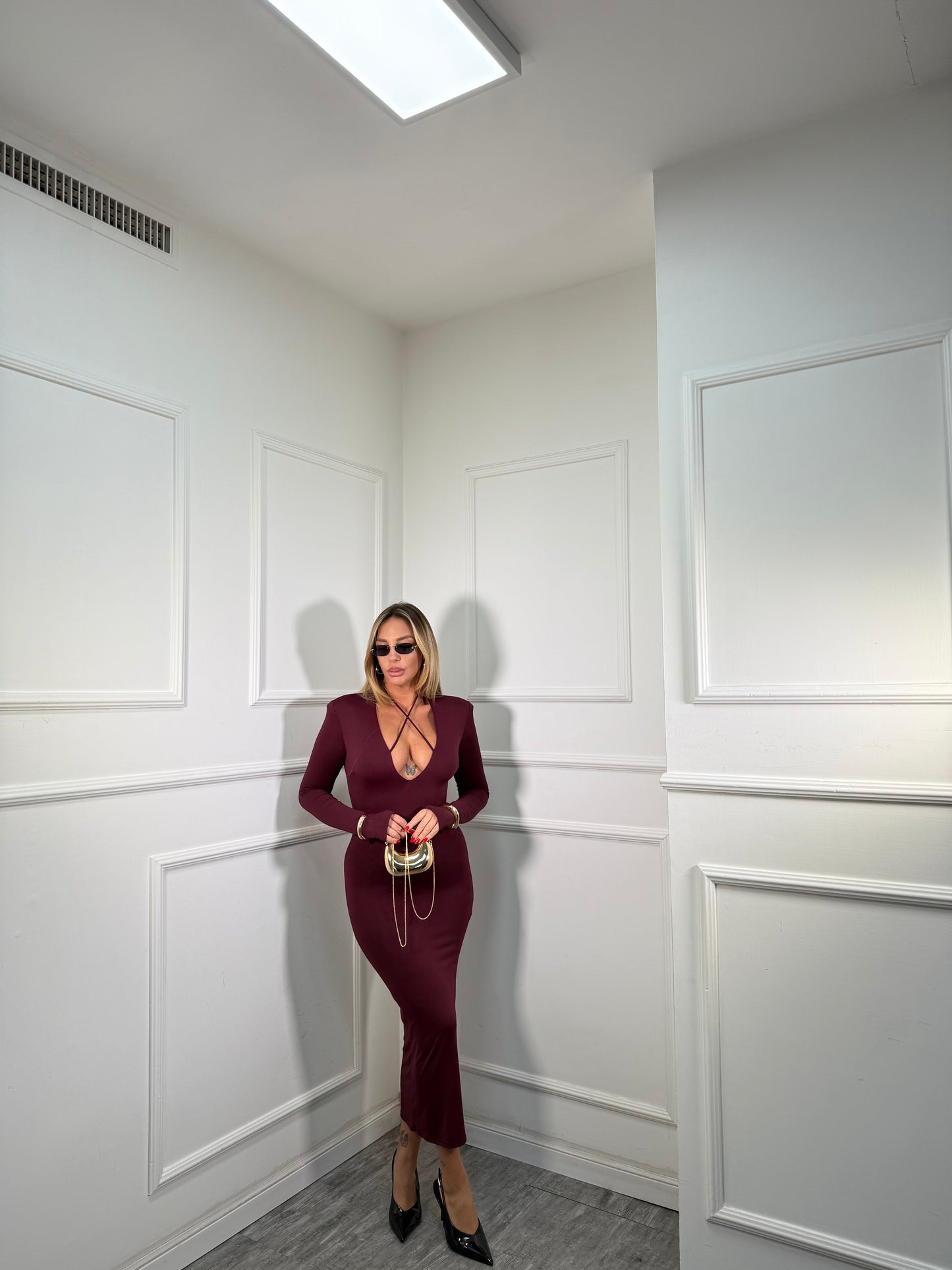 Abito midi in lycra con spalline Abraxas bordeaux 14483