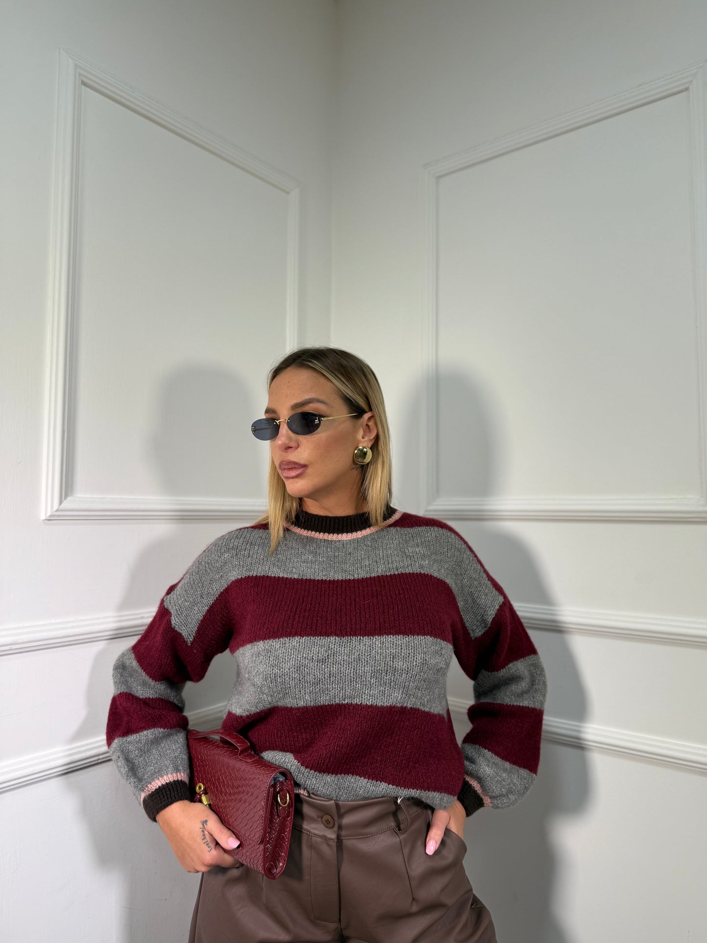 Pullover lana cotta Sezanne grigio/bordeaux 3110