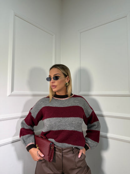 Pullover lana cotta Sezanne grigio/bordeaux 3110