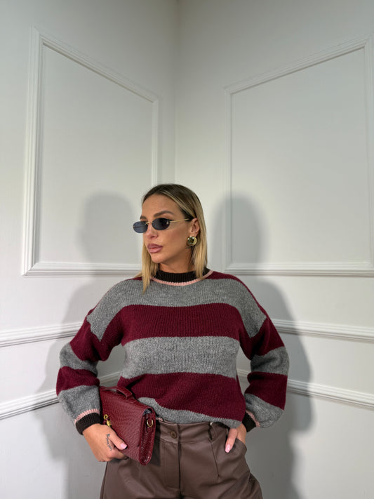 Pullover lana cotta Sezanne grigio/bordeaux 3110