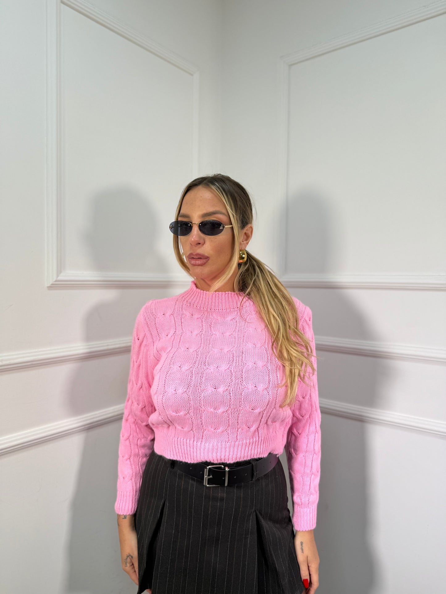 Pullover mezzo collo con trecce rosa bubble 022459