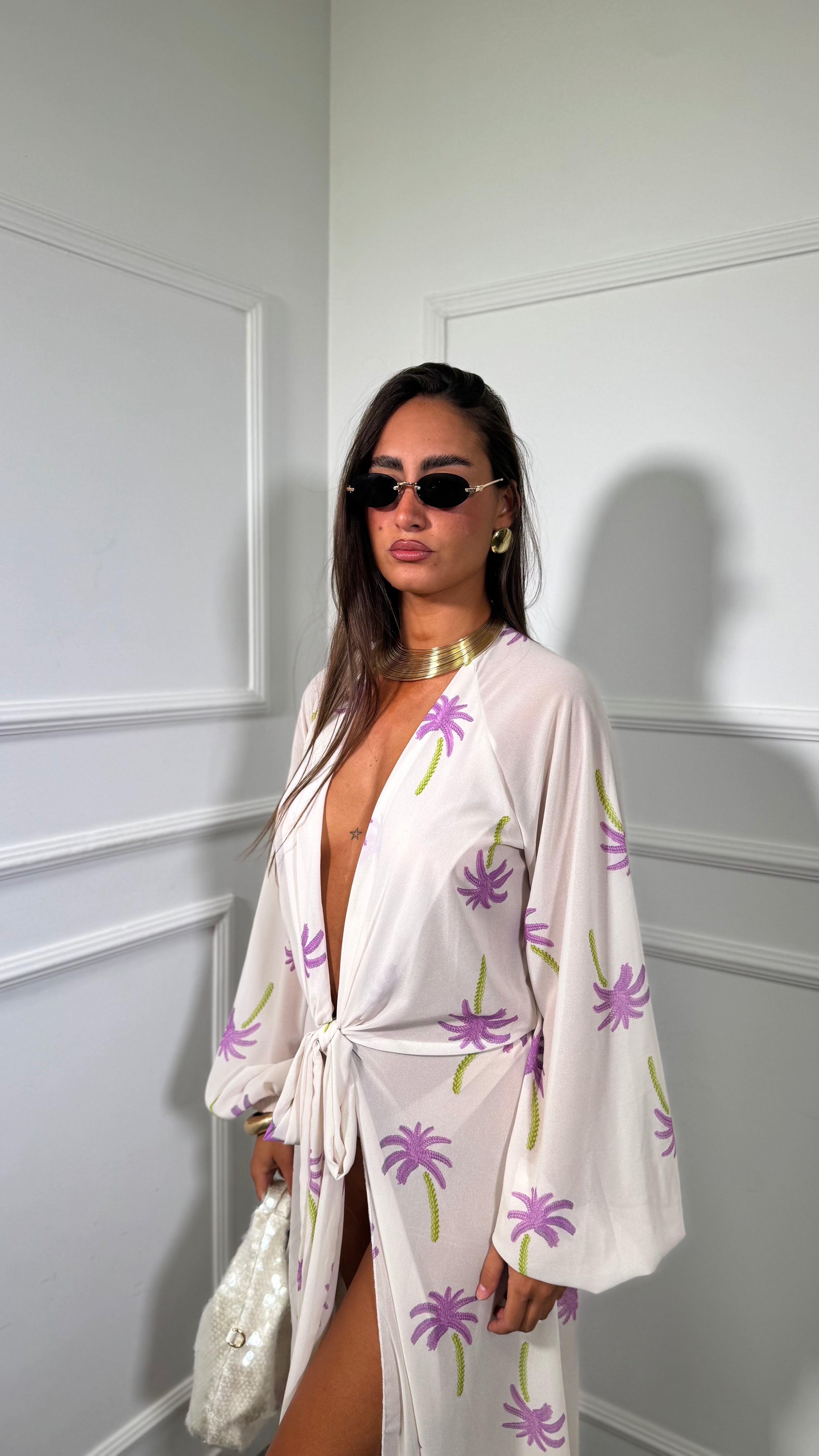 Copricostume lungo in chiffon Palme  fondo panna  7906
