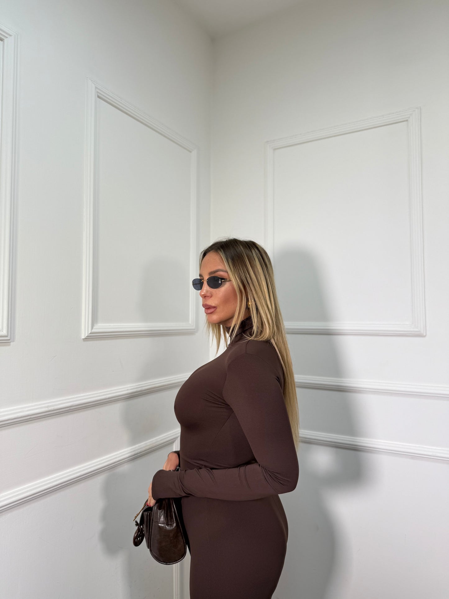 Jumpsuit collo alto in lycra manica a guanto Frida cioccolato 14501