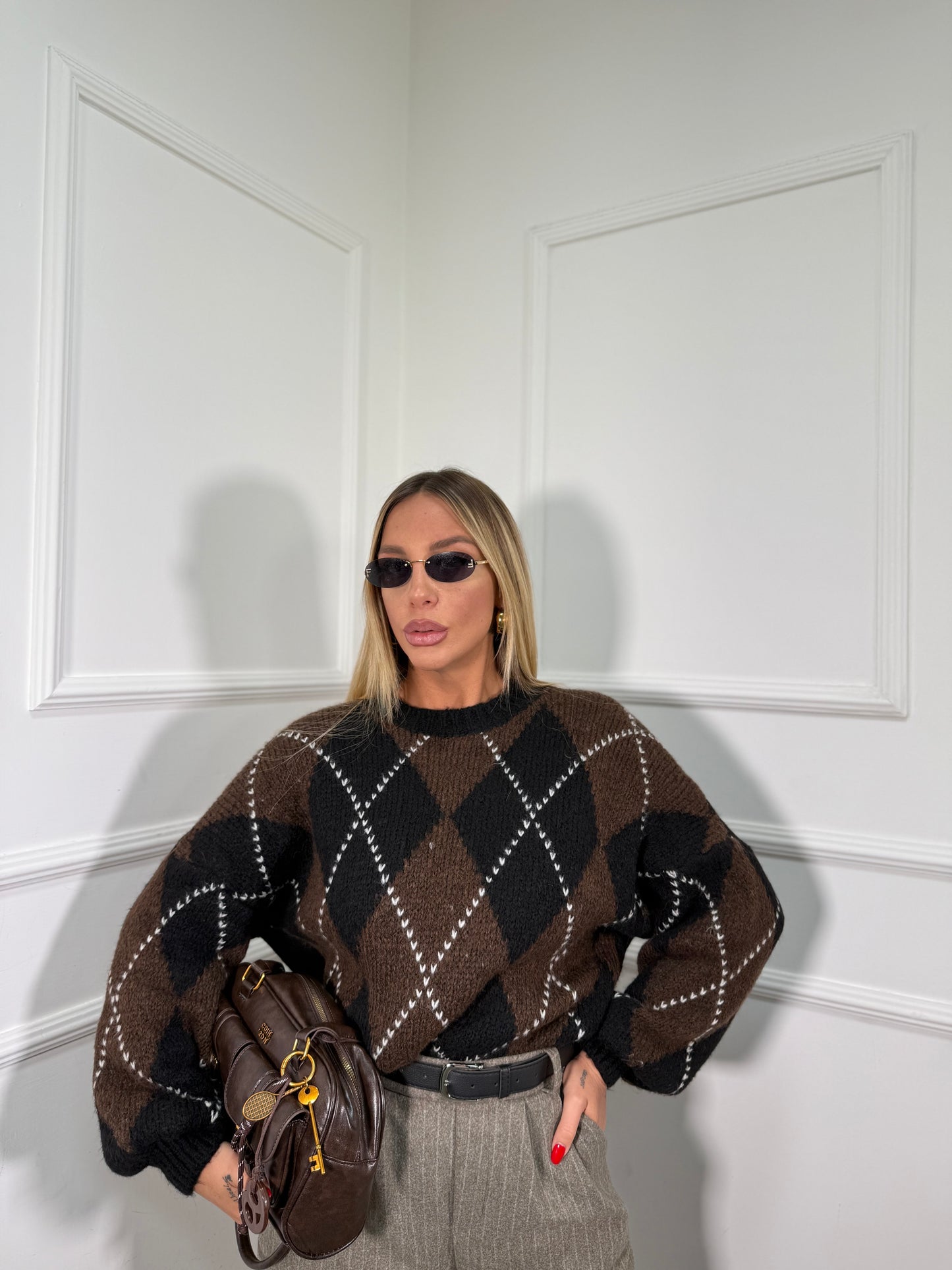 Pullover lana cotta con rombi Snowball nero/cioccolato 31892