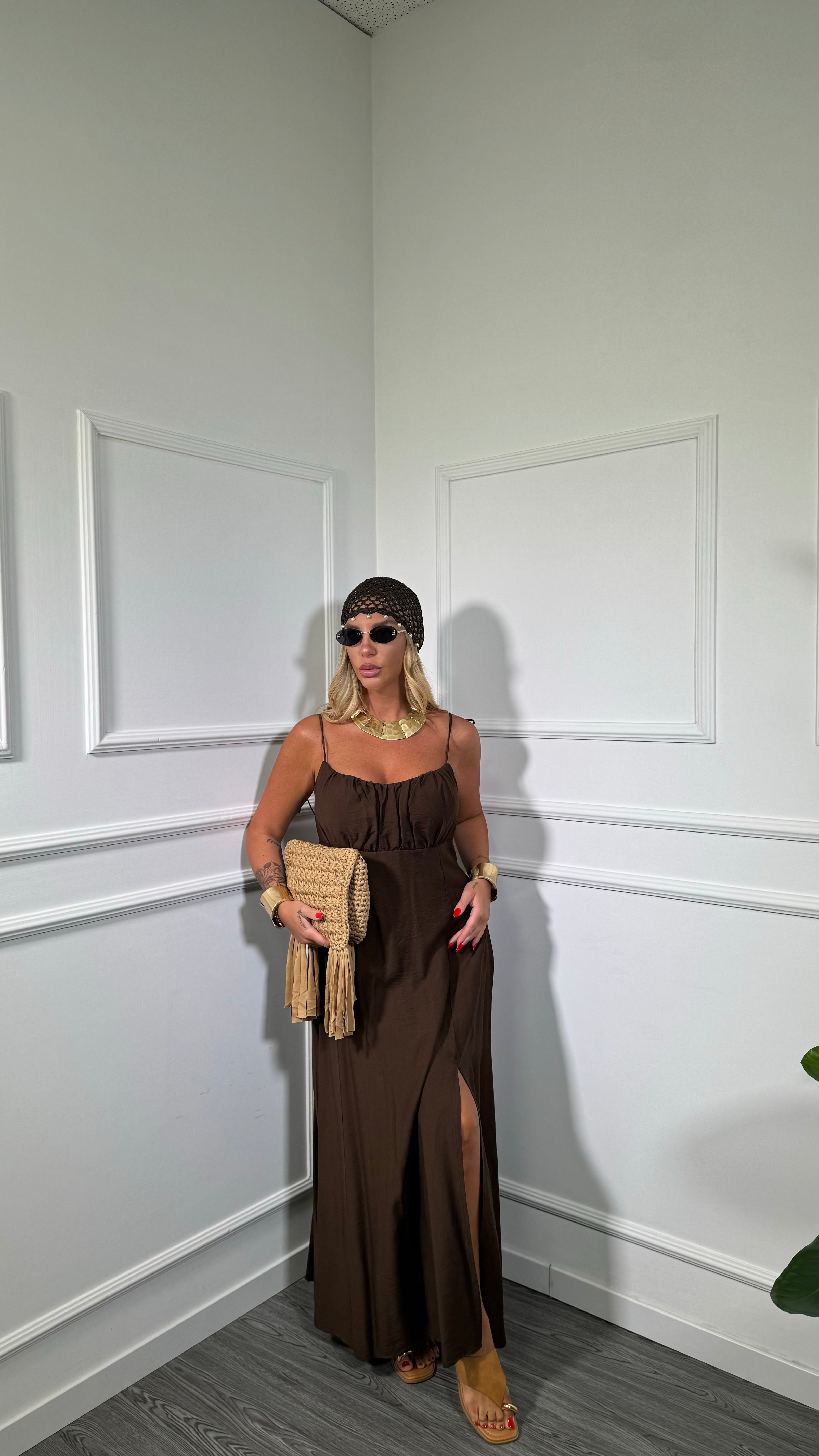 Abito midi misto lino (curvy) Ariel cioccolato 333