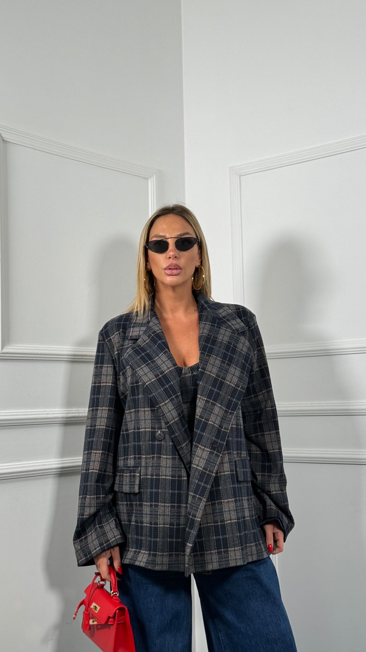 Blazer oversize in flanella a quadri con spalline Brianna blu/grigio 7255