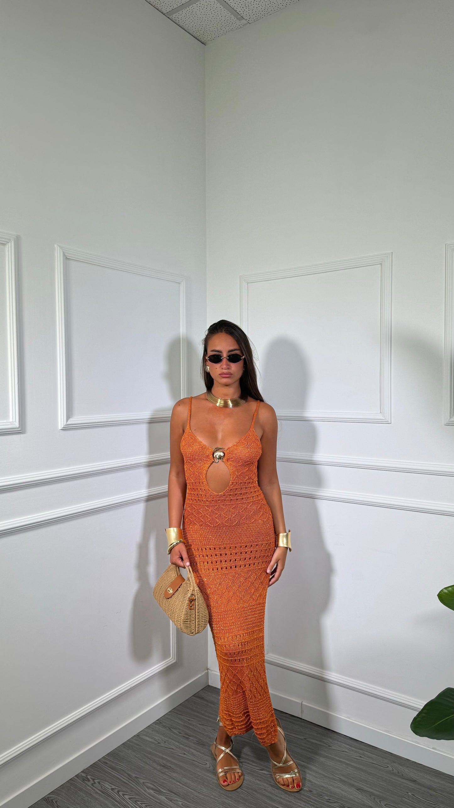Abito midi in filo cut out lurex Bali arancio