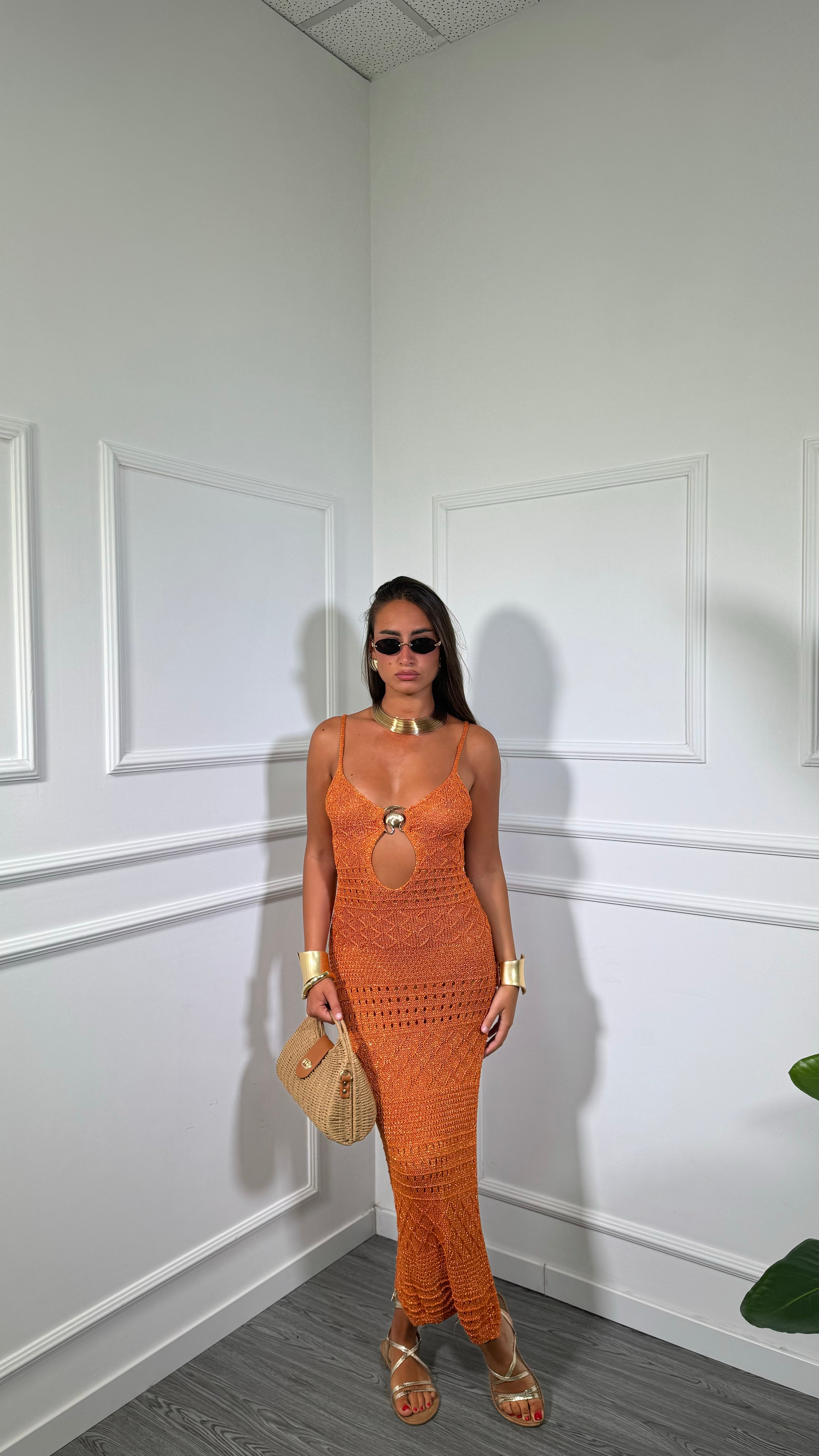 Abito midi in filo cut out lurex Bali arancio
