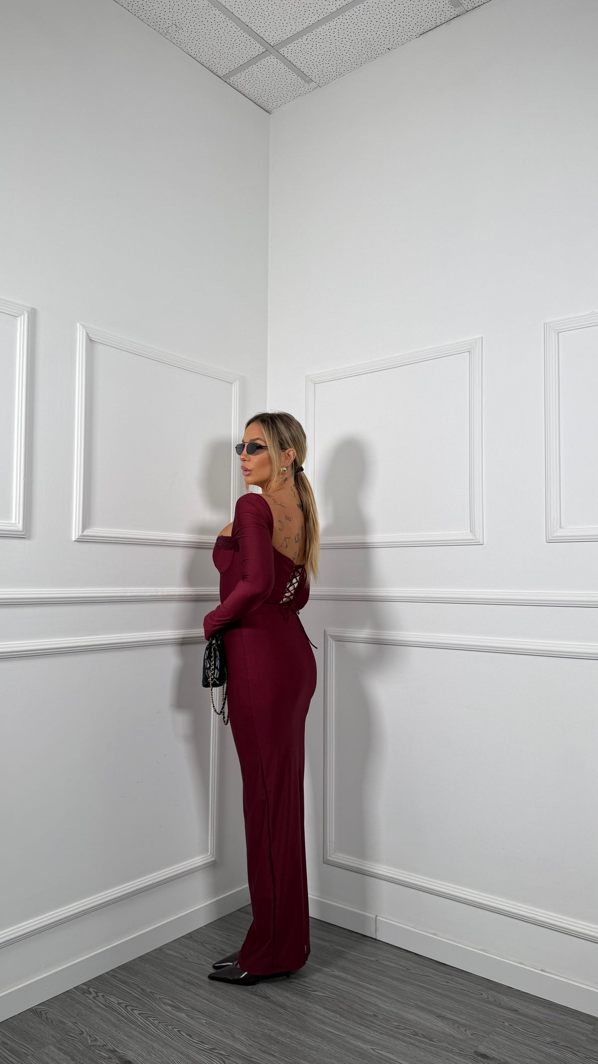 Abito lungo in lycra dettaglio in pizzo Female bordeaux 6148