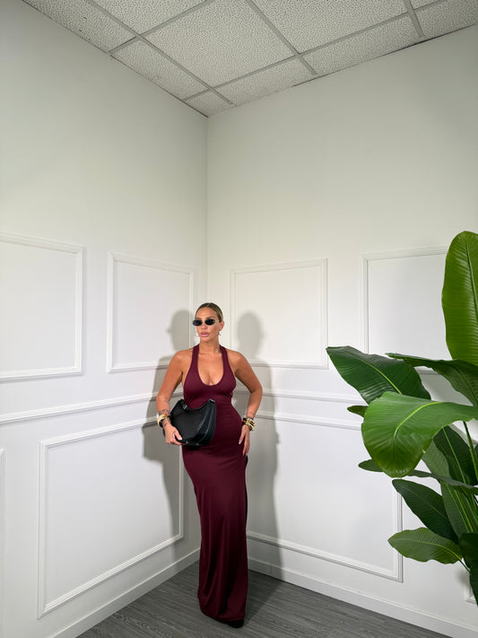 Abito midi in lycra scollato sul retro Maya bordeaux