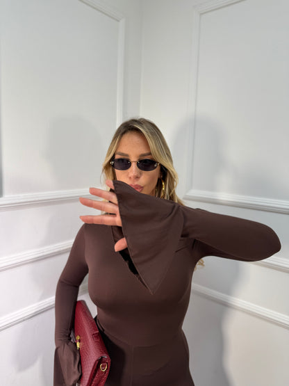 Jumpsuit in lycra scollo asimmetrico cioccolato 14375