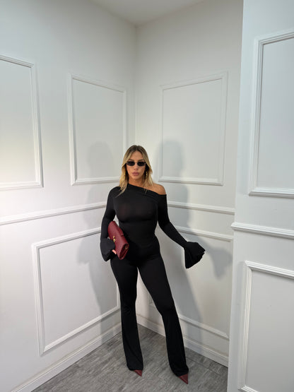 Jumpsuit in lycra scollo asimmetrico nera 14375