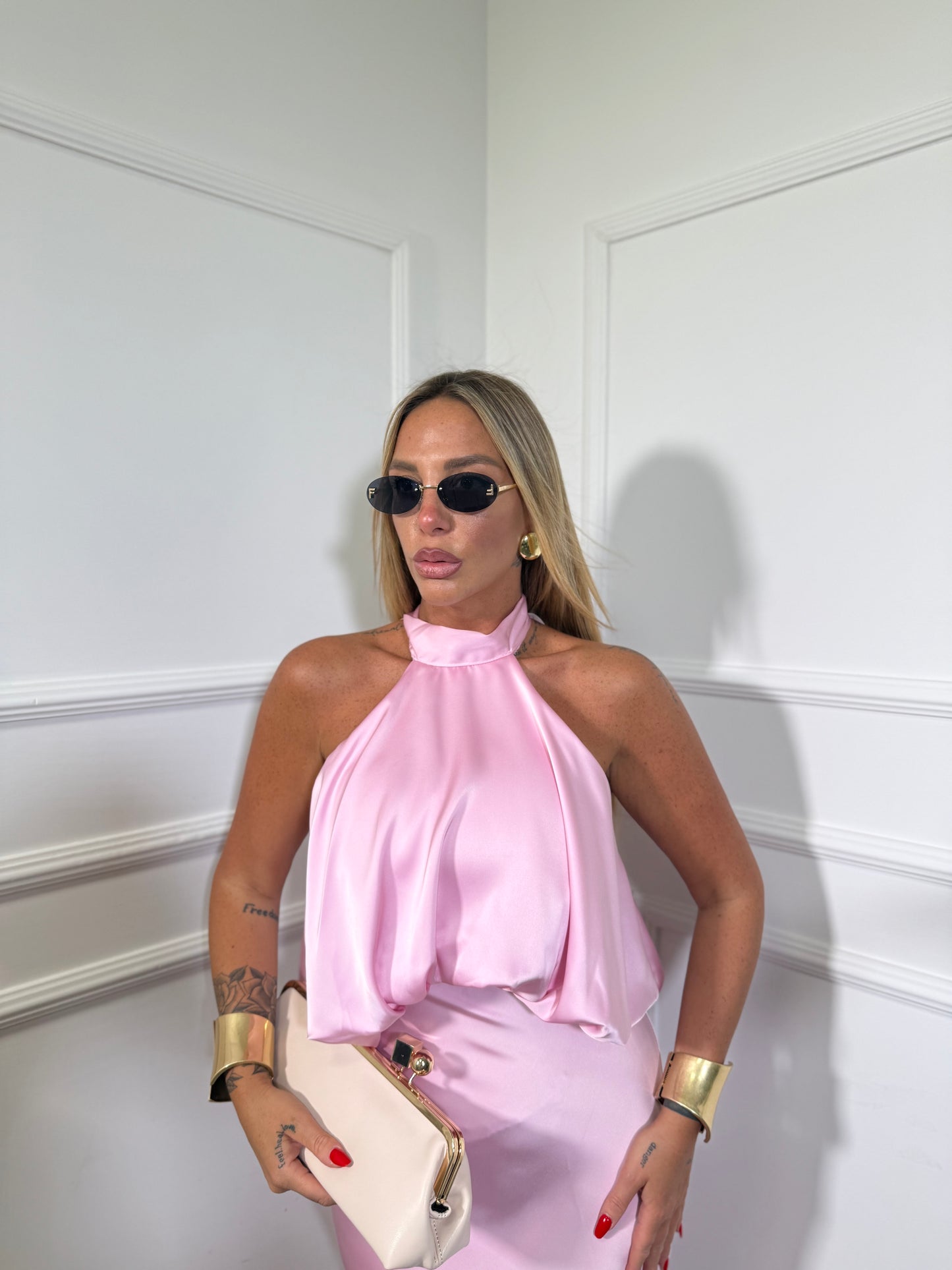 Abito lungo in satin Montecarlo rosa 27826