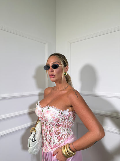 Bustier semi velato in pizzo con micro rose bianco/rosa