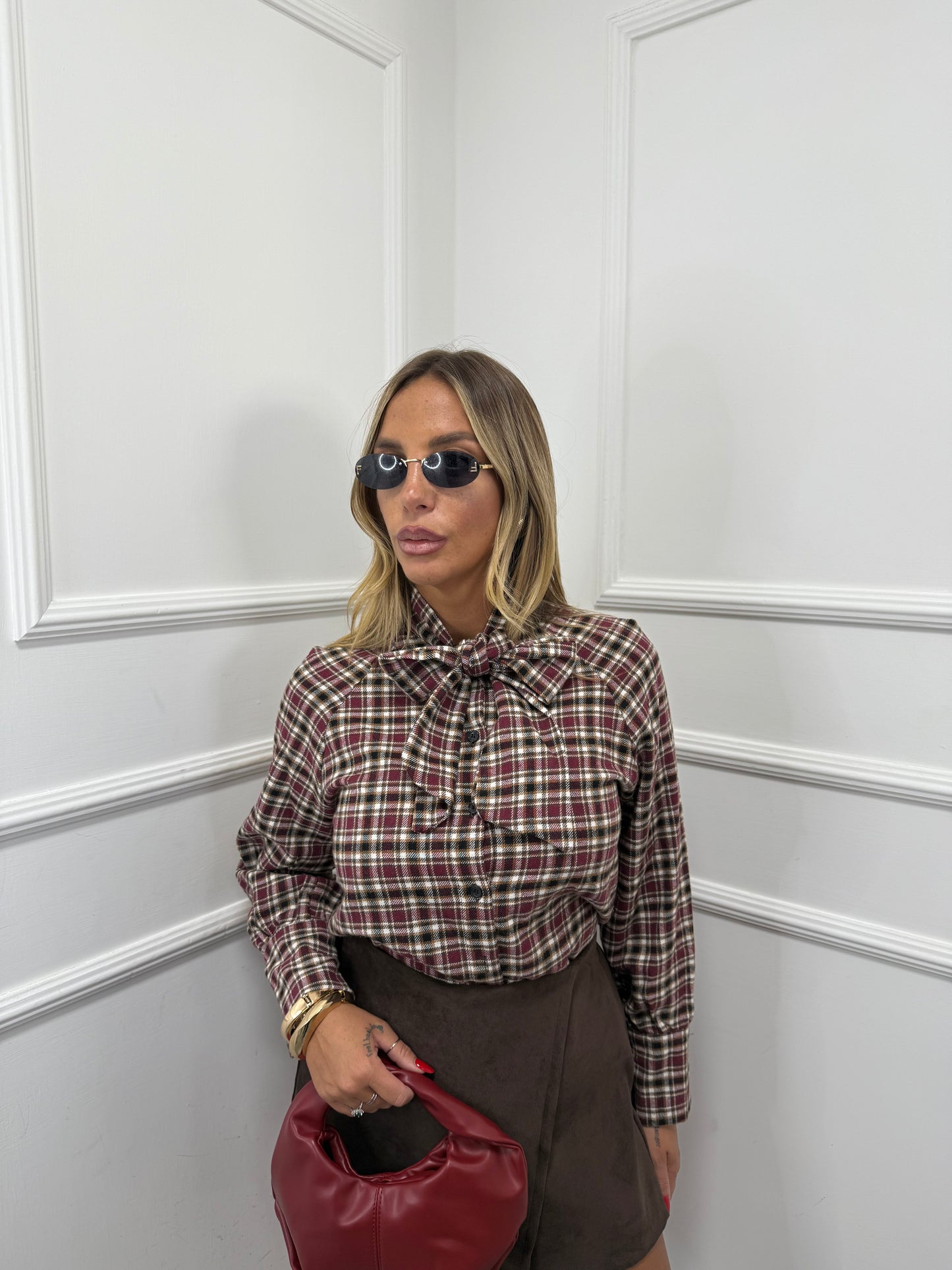 Camicia in flanella con fiocco bordeaux/cioccolato lz174