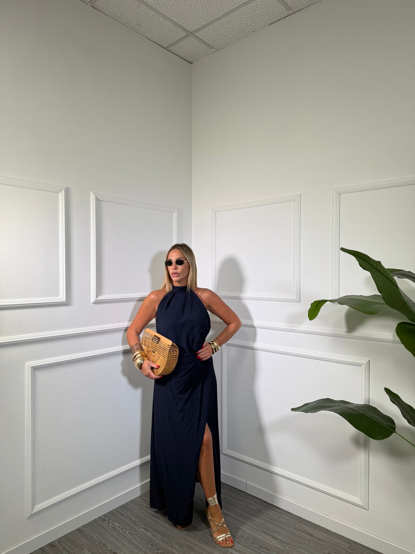 Abito scollo americano misto lino CURVY blu 28918