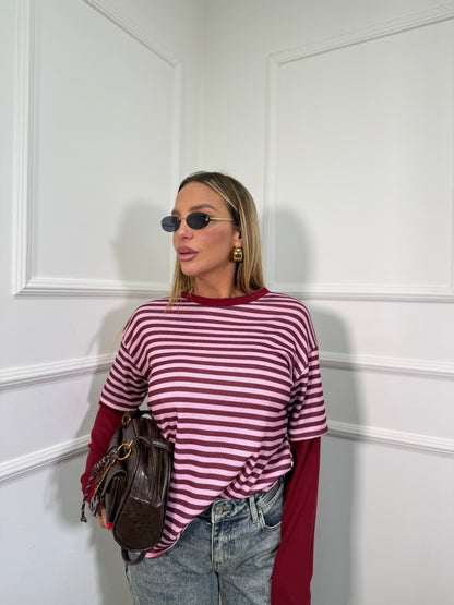 Shirt a righe con doppia manica Camy rosa/bordeaux 3626