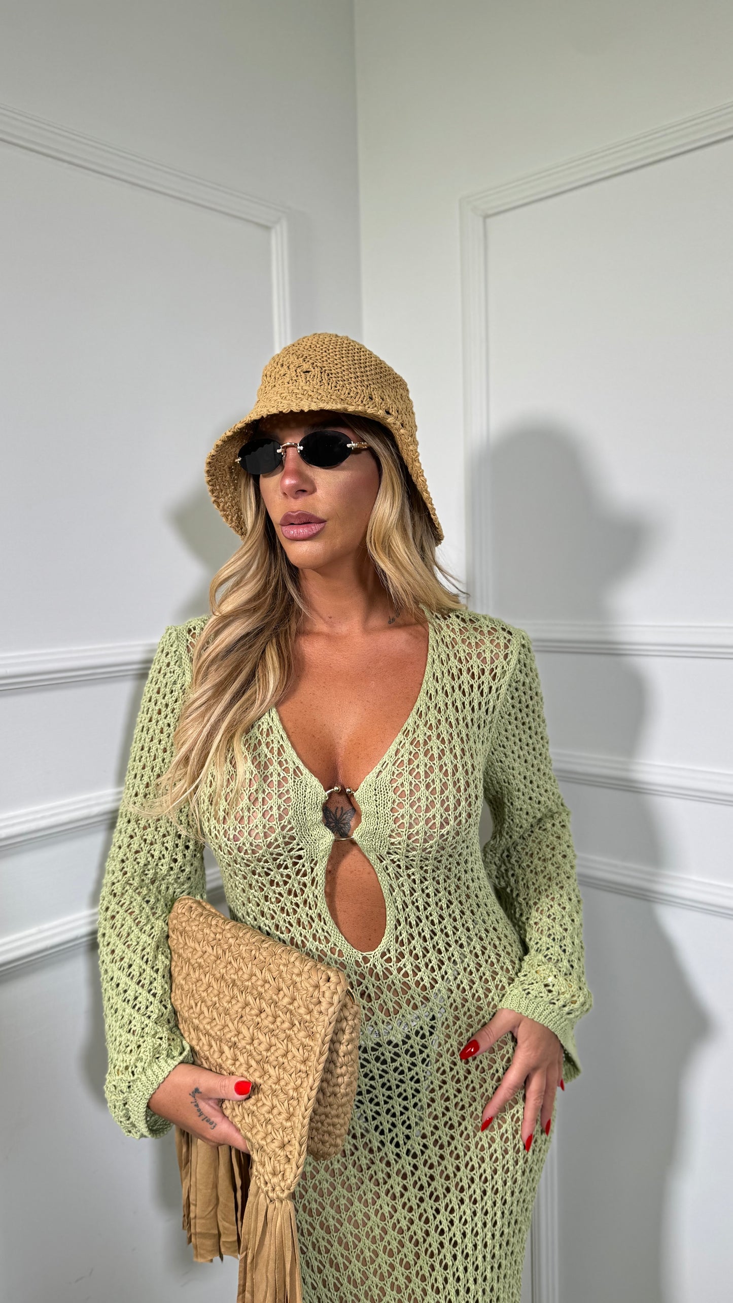 Abito lungo in crochet Suamy verde avocado 3750