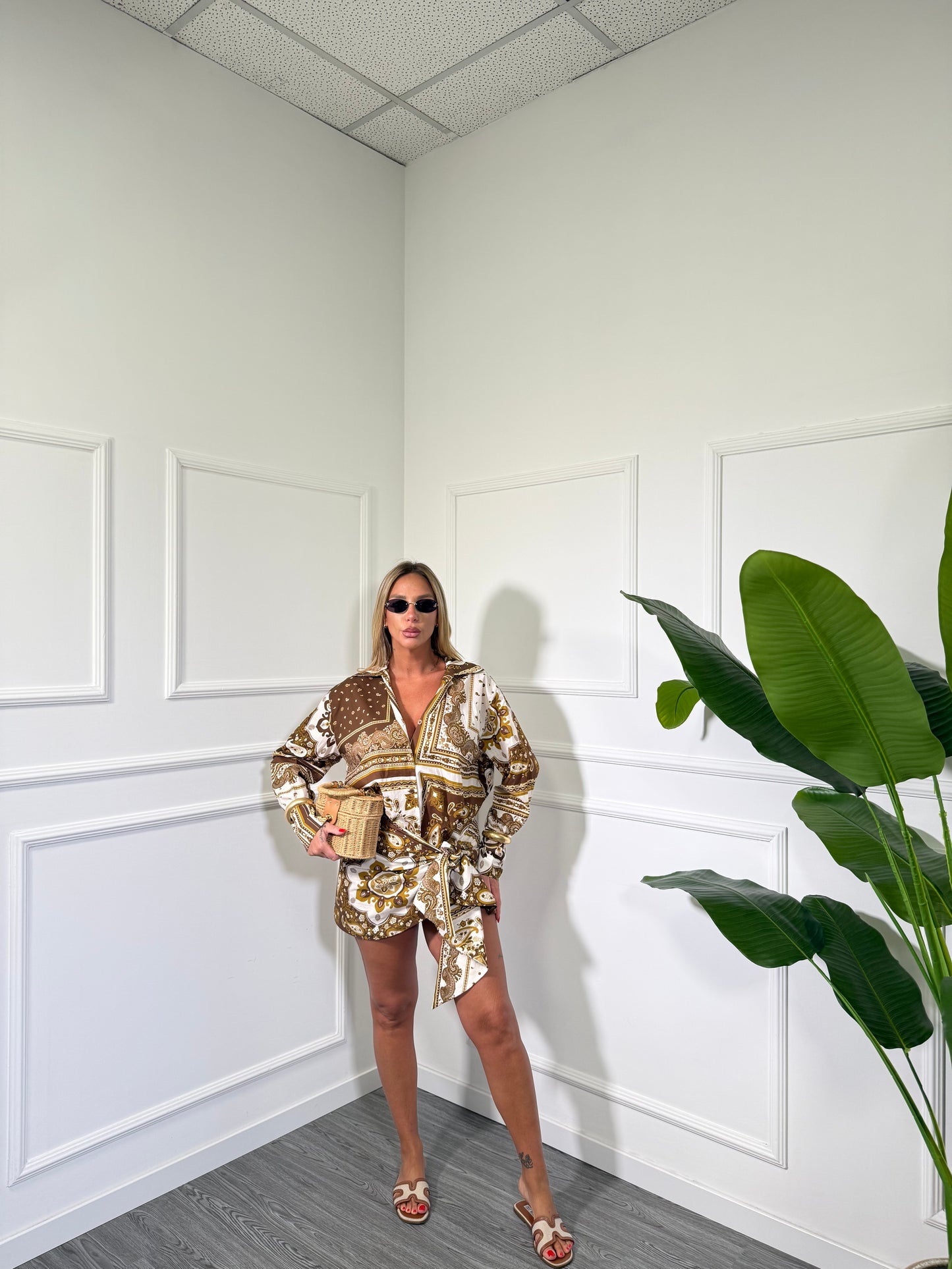 Camicia in cotone Etnic marrone/gialla c81558