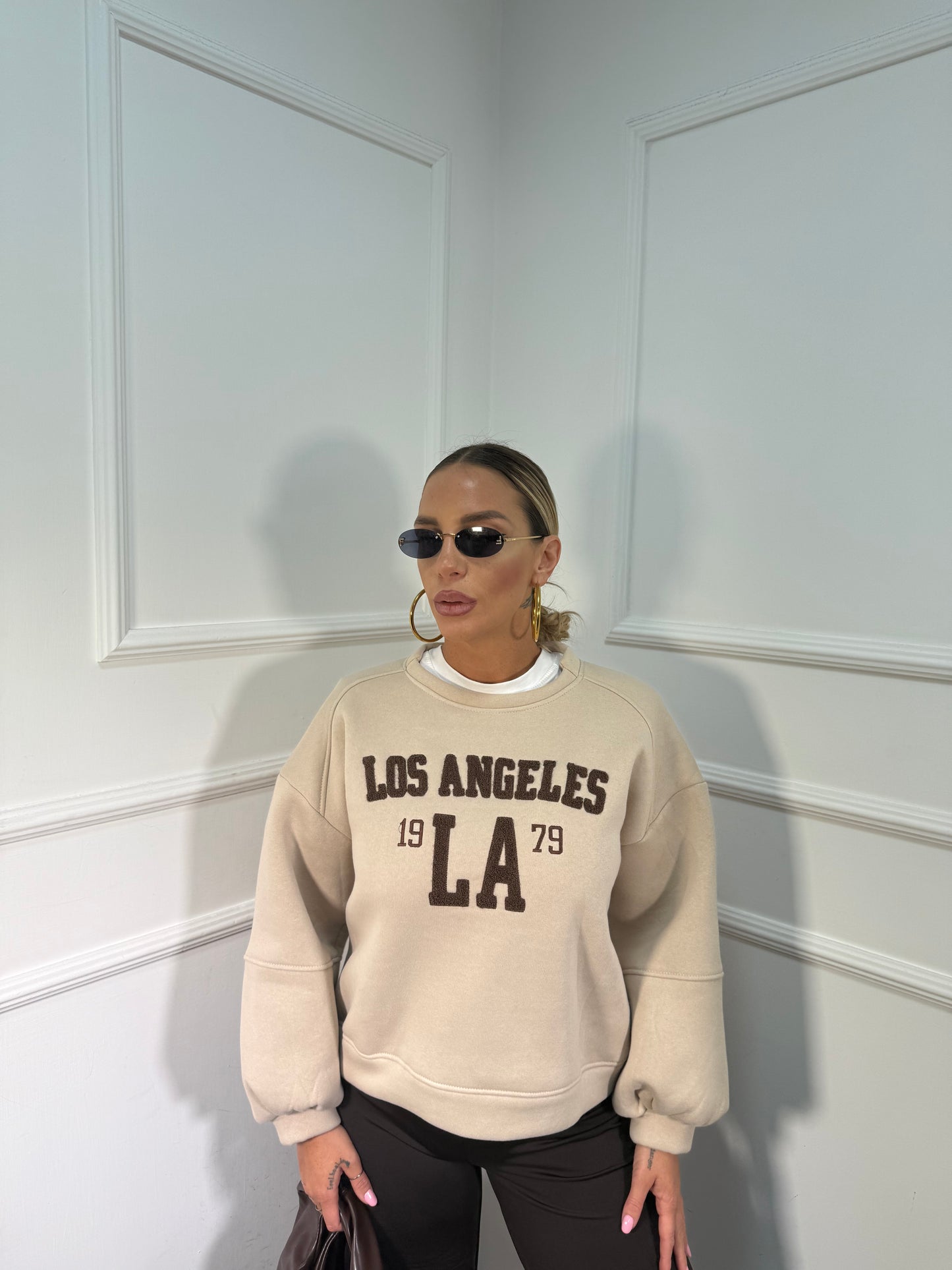 Felpa oversize manica balloon in pile Los Angeles beige r50369