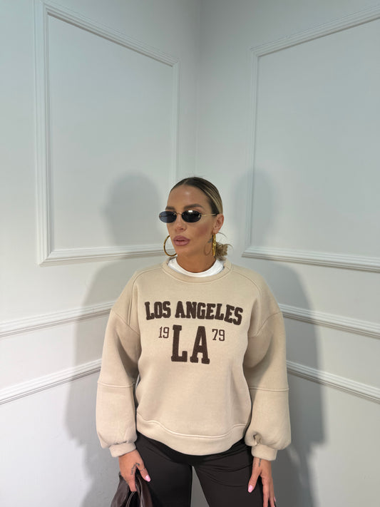 Felpa oversize manica balloon in pile Los Angeles beige r50369