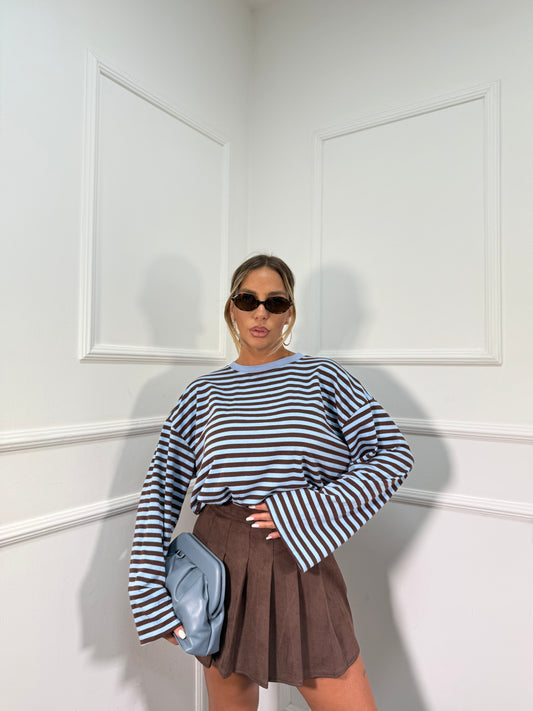 Shirt in cotone garzato manica campana Cindy azzurra/cacao f1109