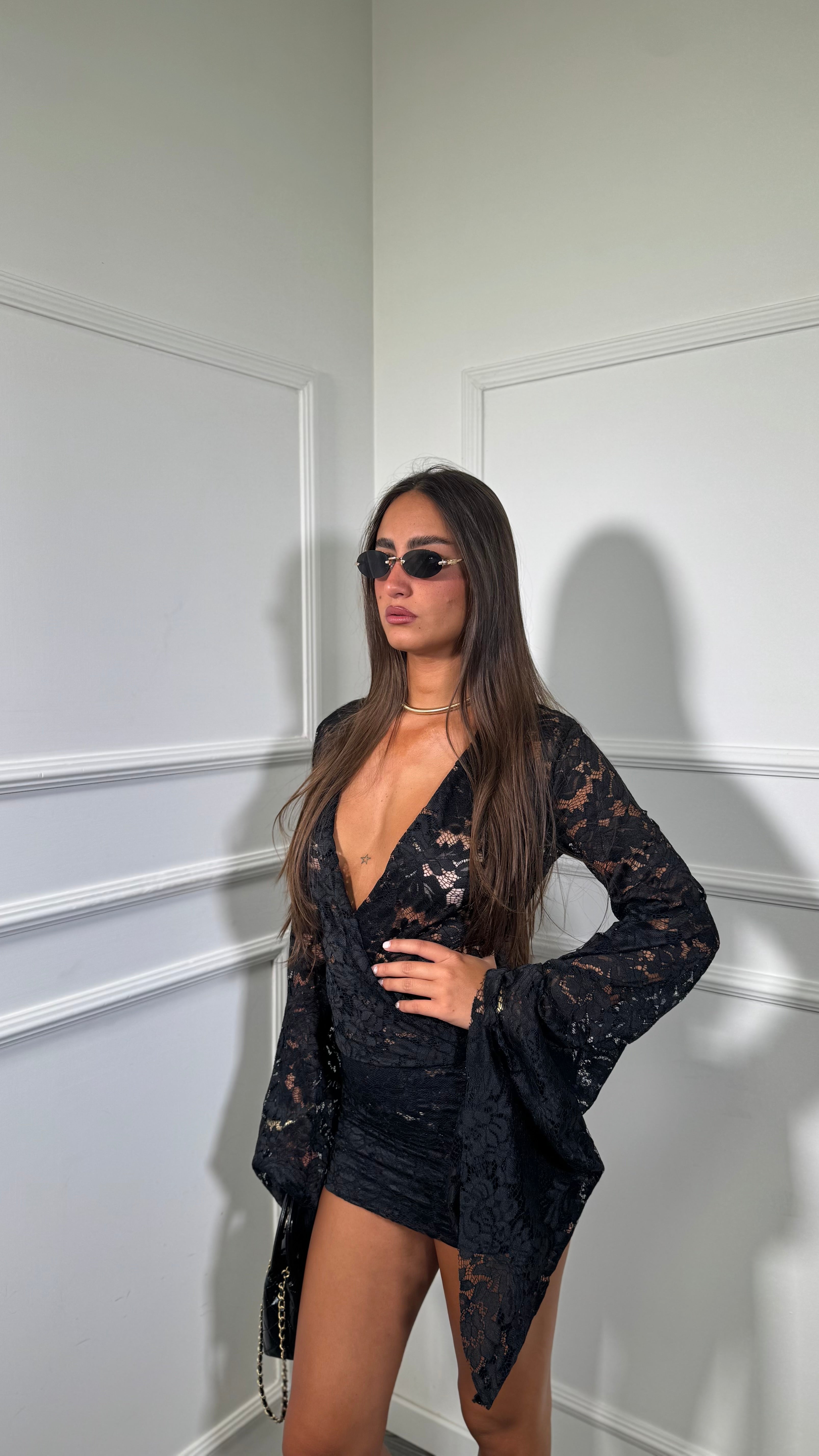 Abito corto in pizzo Margot nero 66966