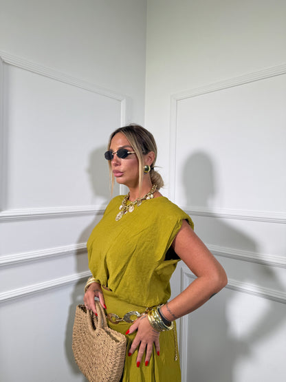 Coordinato misto lino con gonna Havana verde acido 26152