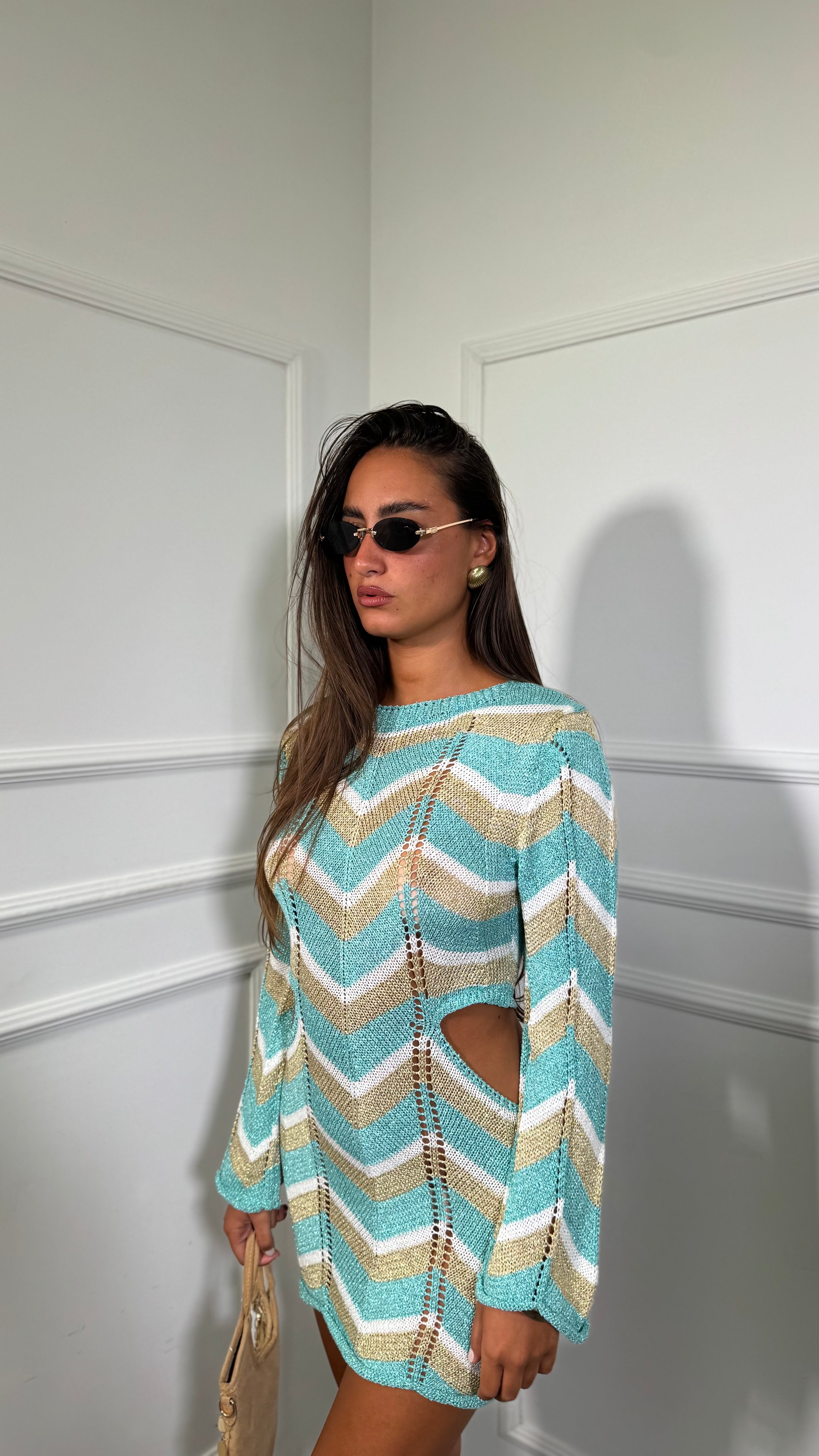 Abito corto in filo lurex cut out Miami verde acqua/oro