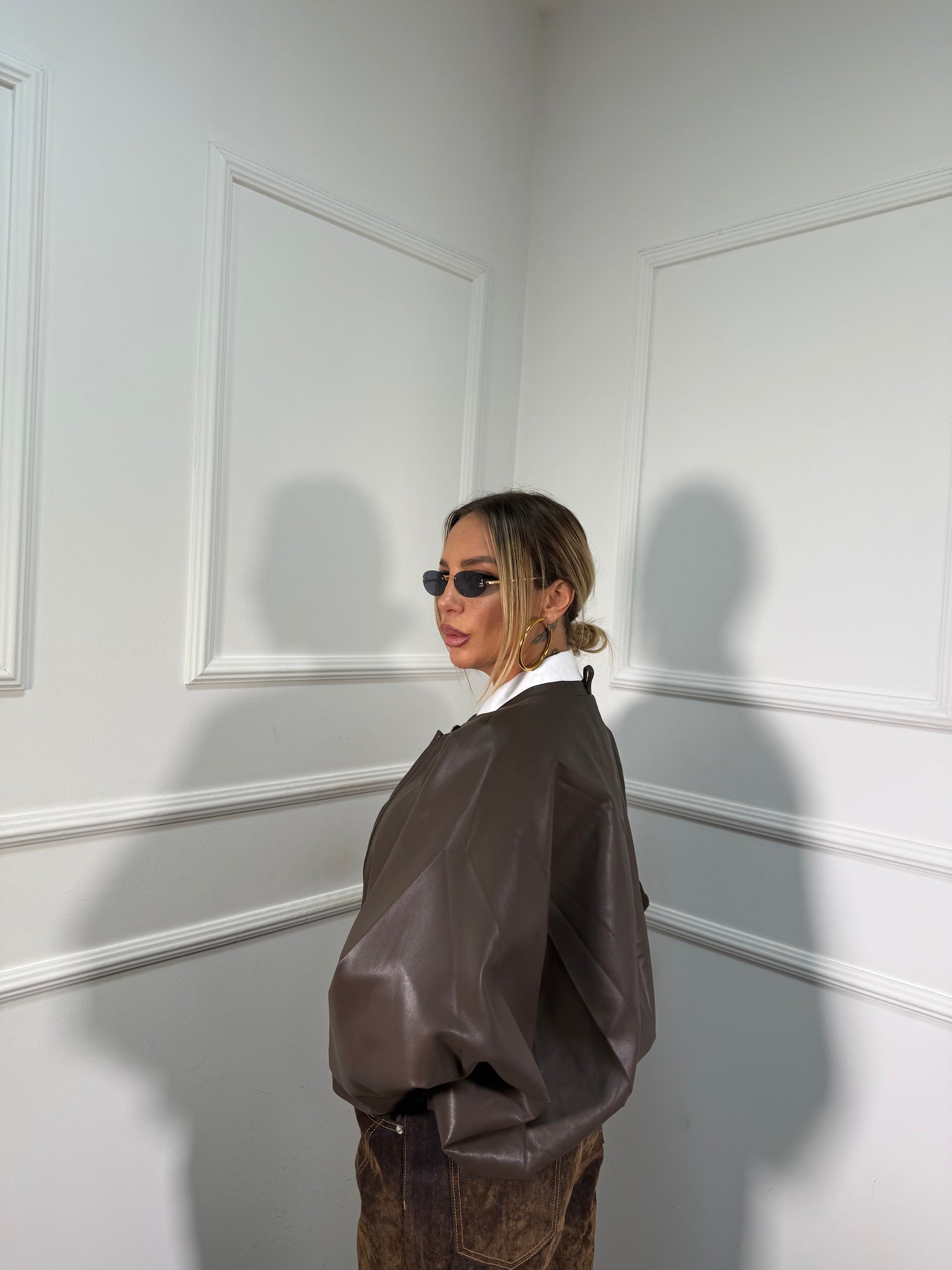 Bomber ecopelle con foulard pois cacao by monique 19276