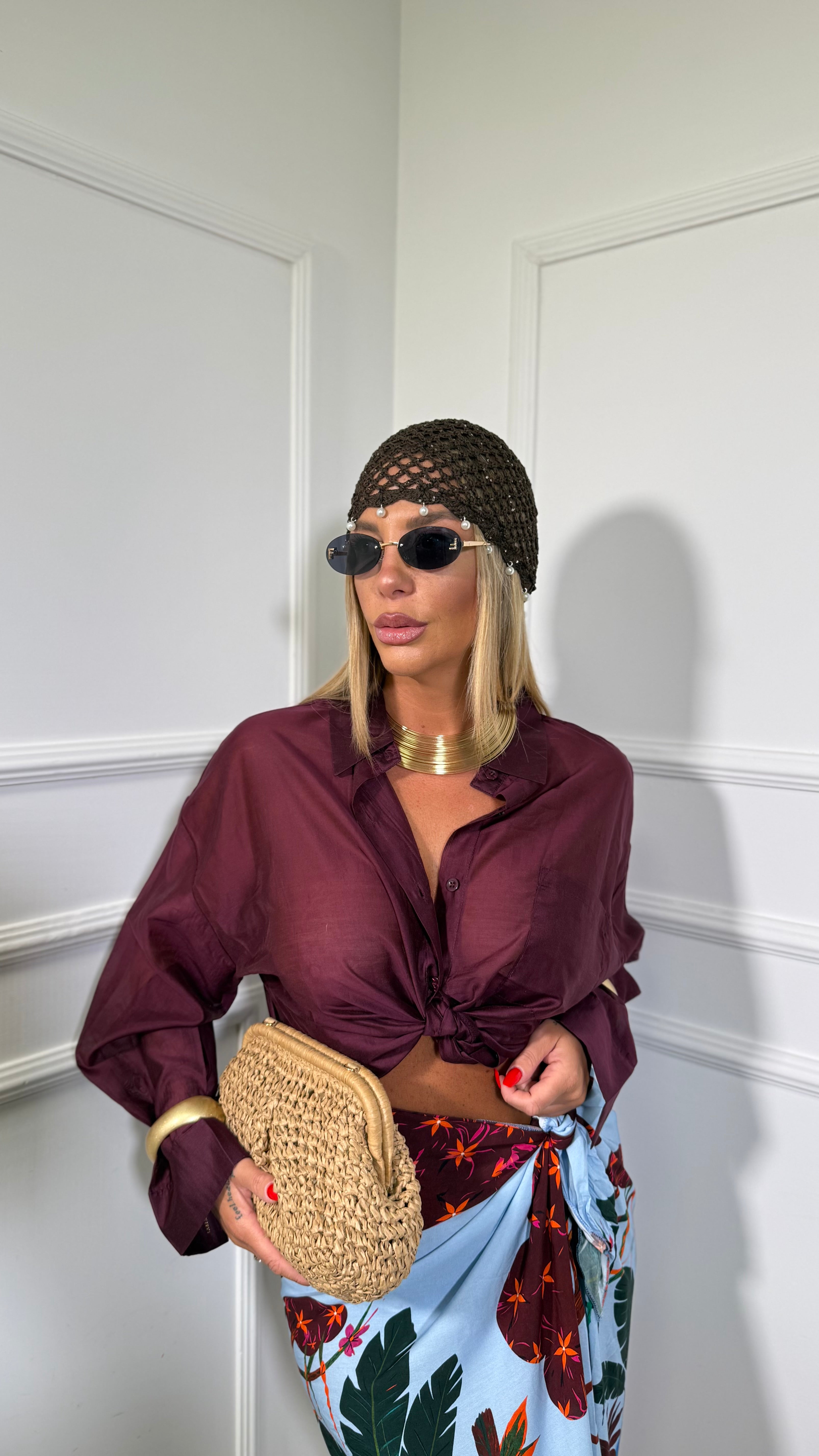 Camicia semi velata con taschino Flayr borgogna 6808
