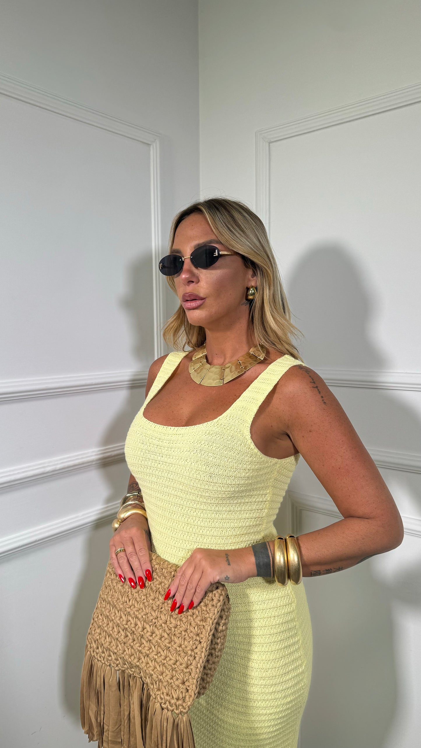 Abito midi in crochet scollo squadrato Dominique giallo