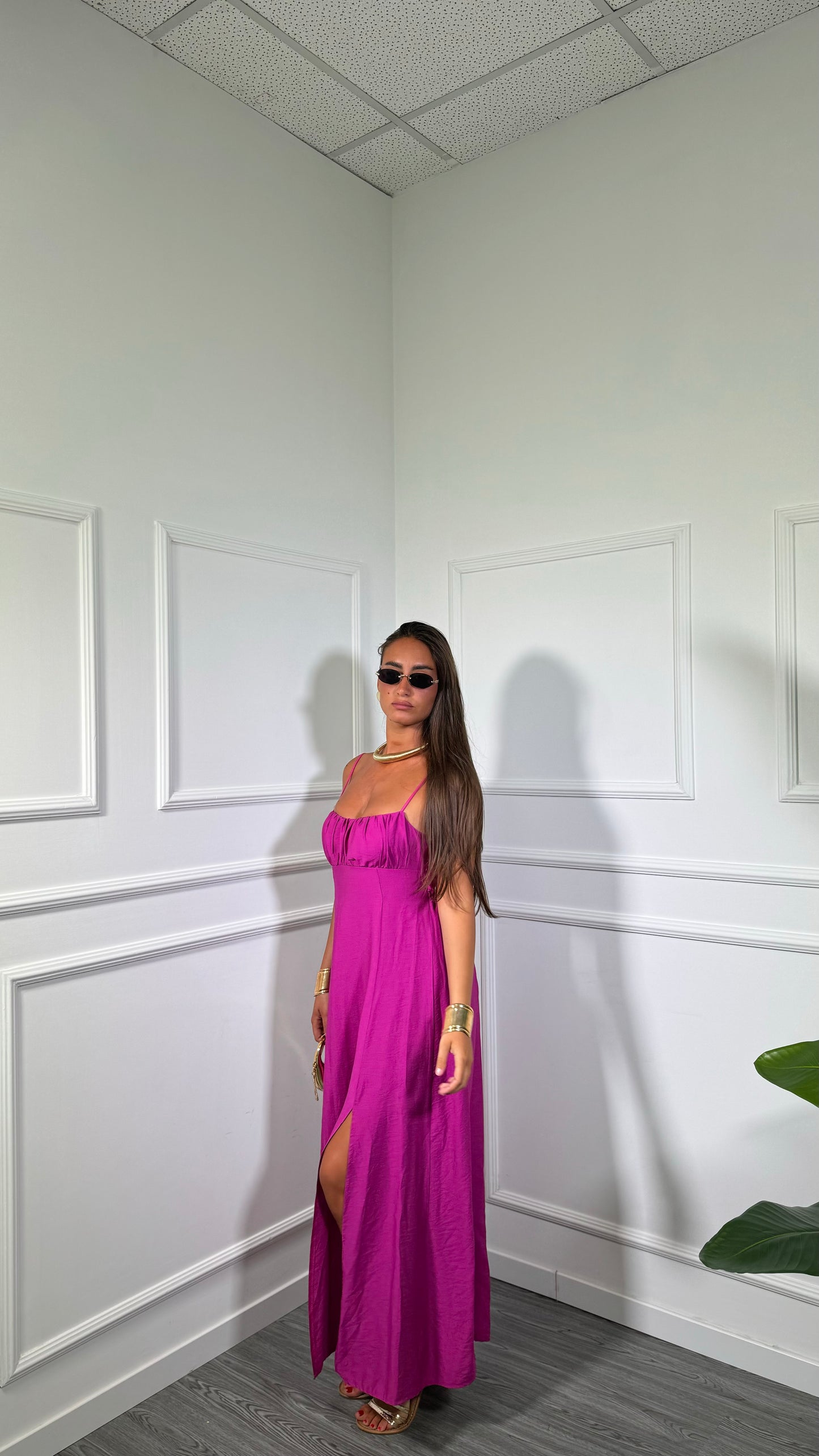 Abito midi misto lino Elys magenta 6960