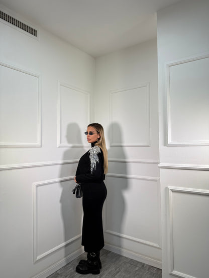 Coordinato midi in lana rasata con Swarovski nero g105