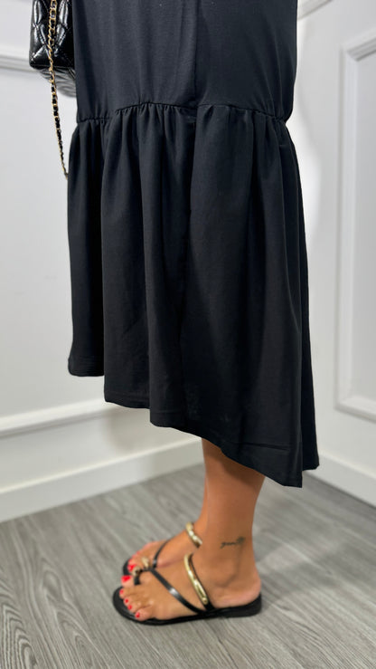 Abito con rouges scollo a V in cotone Made in italy nero