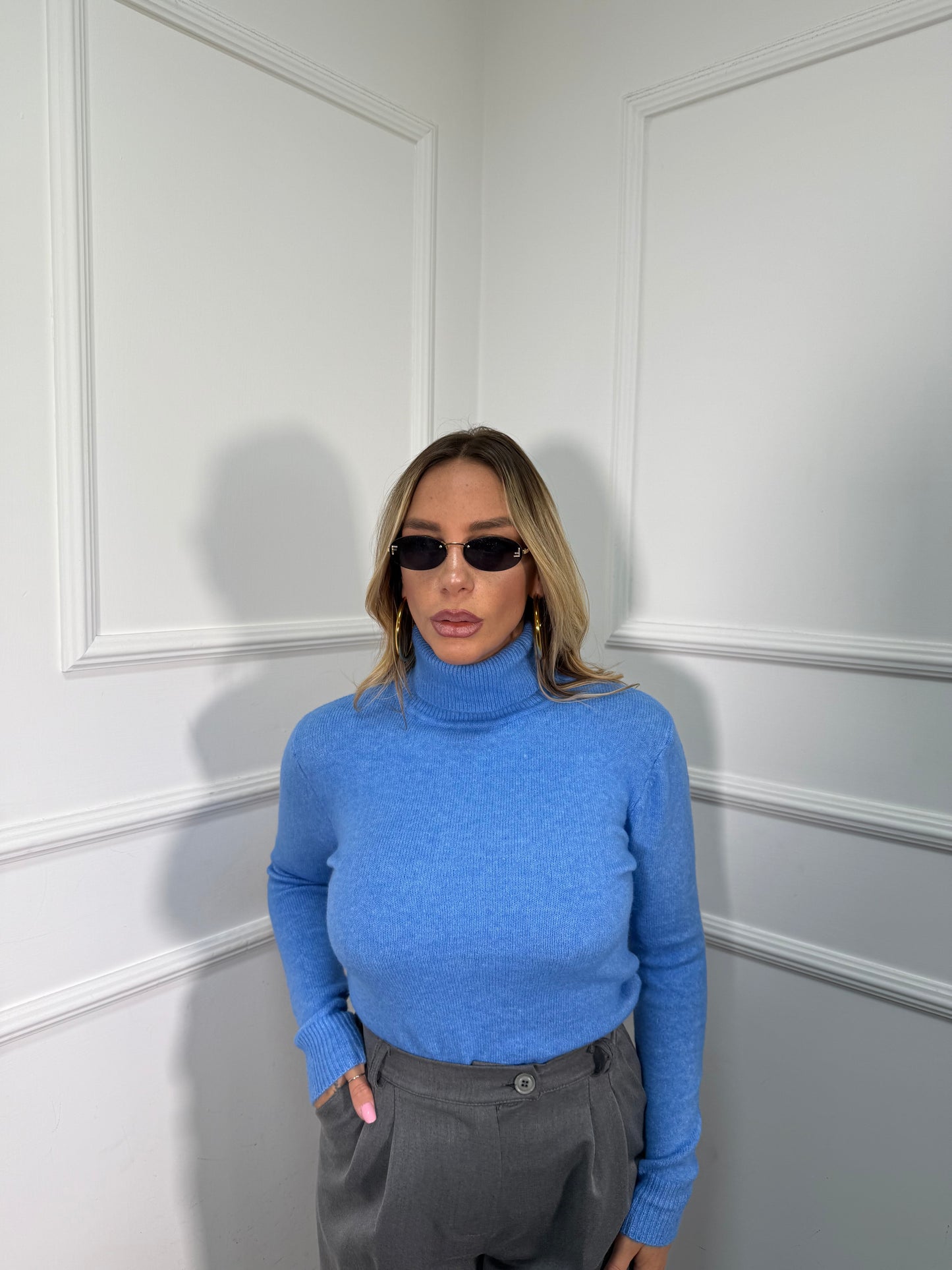 Maglioncino collo alto in lana cotta Everyday azzurro g091