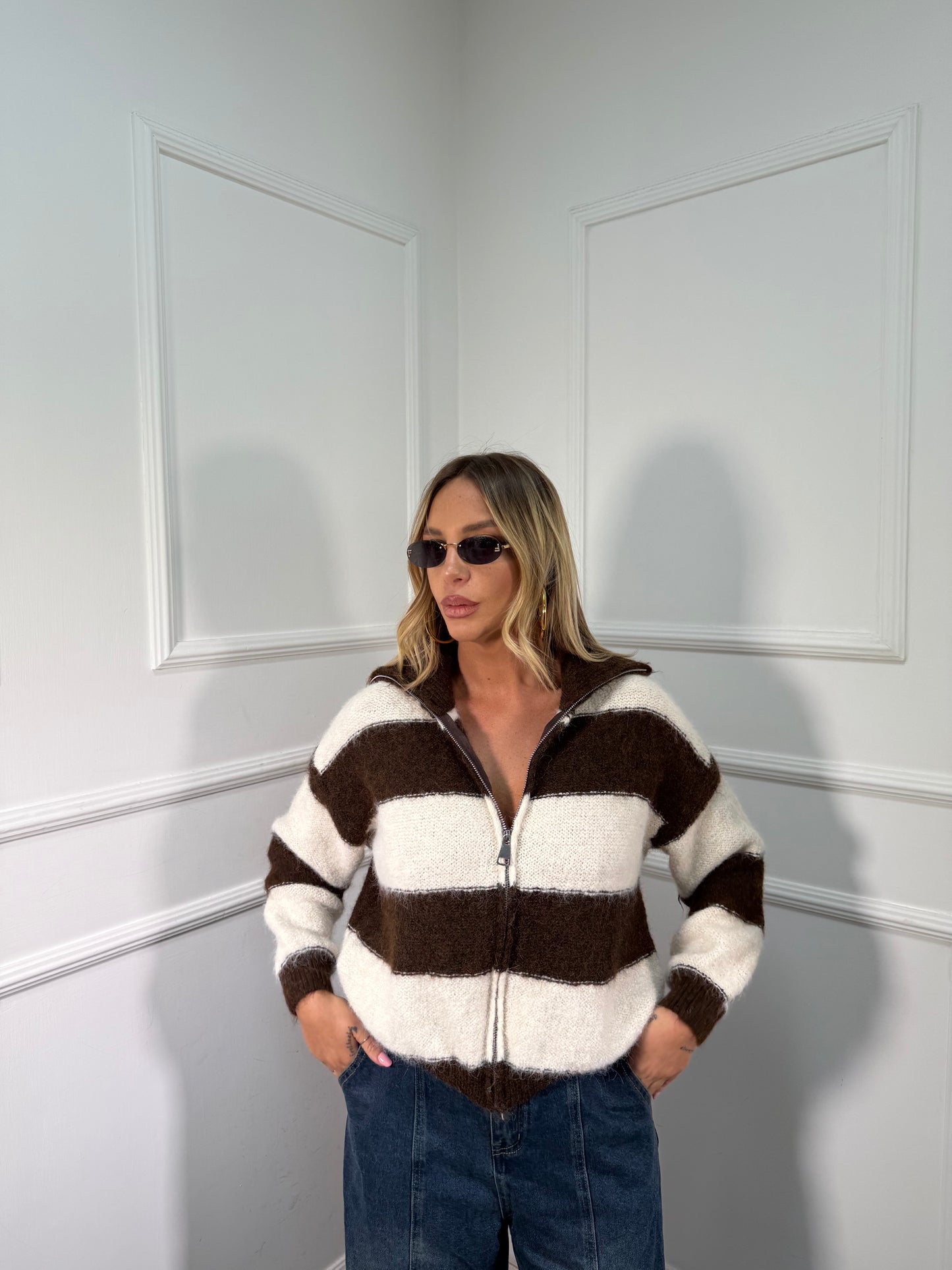 Maglioncino con zip misto lana cacao/panna 51201